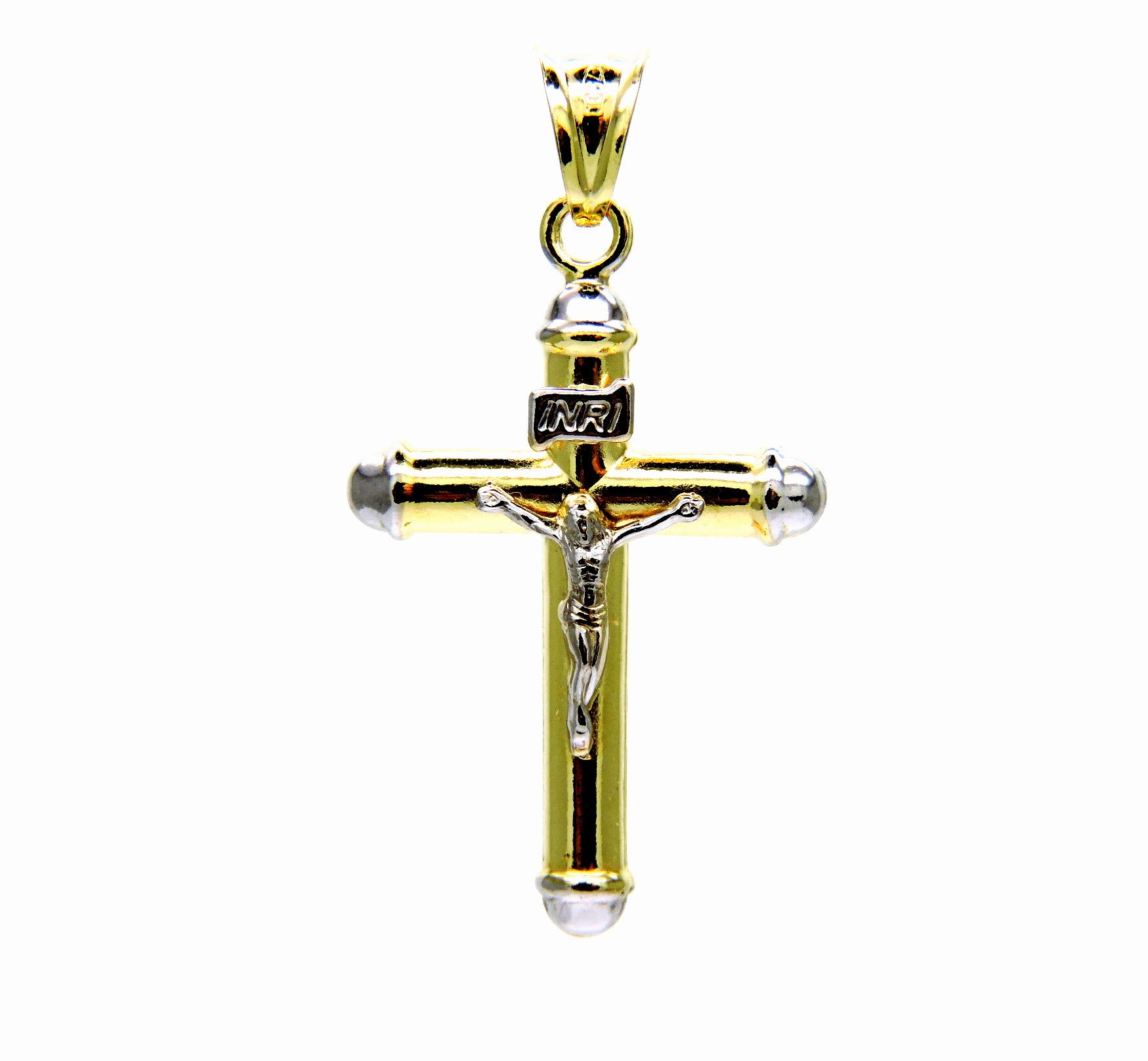 Ciondolo da Uomo in Oro Giallo e Bianco 18Kt (750) Pendente Religioso Croce Cristo Cappucci Bicolore