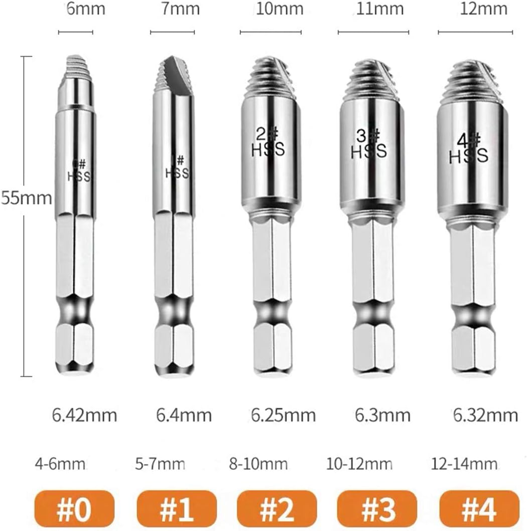 5Pcs HSS Hex Shank 1/4'' Broken Breakage Head Screw Bolts Extract Extractor Remover Power Tool Set (5pcs)