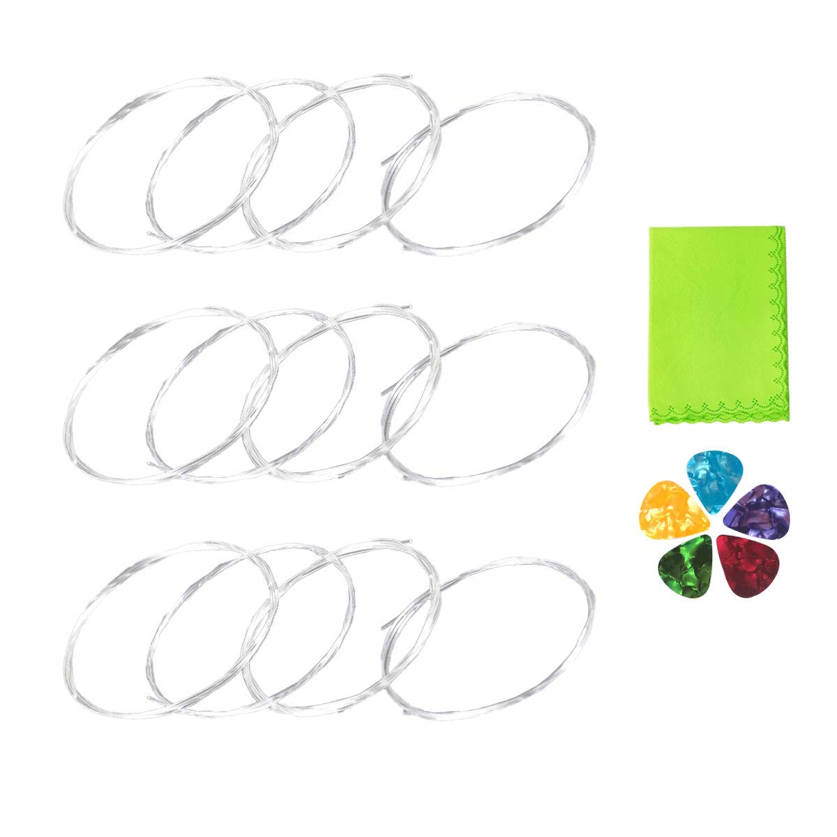 Ukulele Strings Clear Nylon 3 Full Sets and 5 Picks, Green Cleaning Cloth