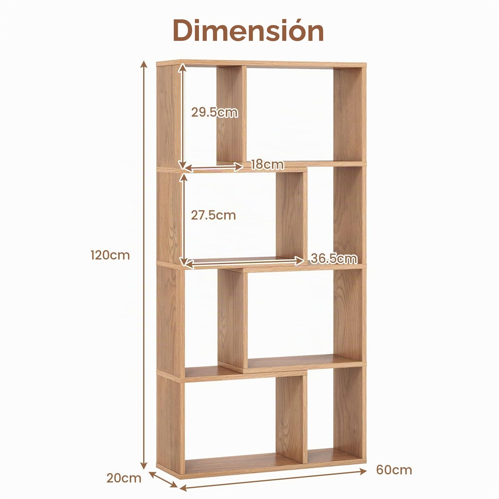 HOMASIS Librería de Pared con 4 estantes, Estantería con Patas Antideslizantes y Dispositivo antivuelco, Estantería Cubo de Madera, Librería Separador para salón, Dormitorio, 60x20x120cm (Natural)