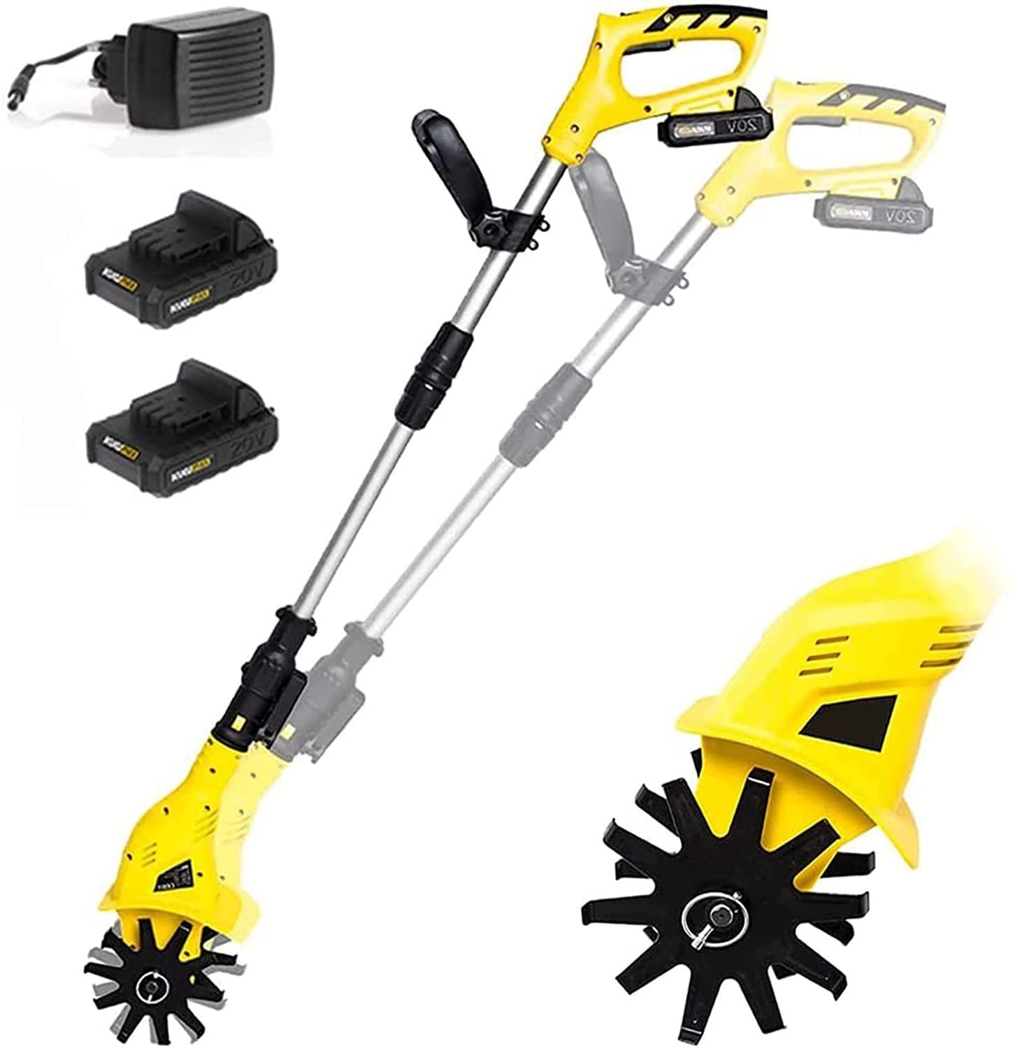 Rotavator portátil inalámbrico, cultivadores de Suelo de Mano de 20v, cultivador de energía telescópico inalámbrico con 2 baterías Recargables y Cargador