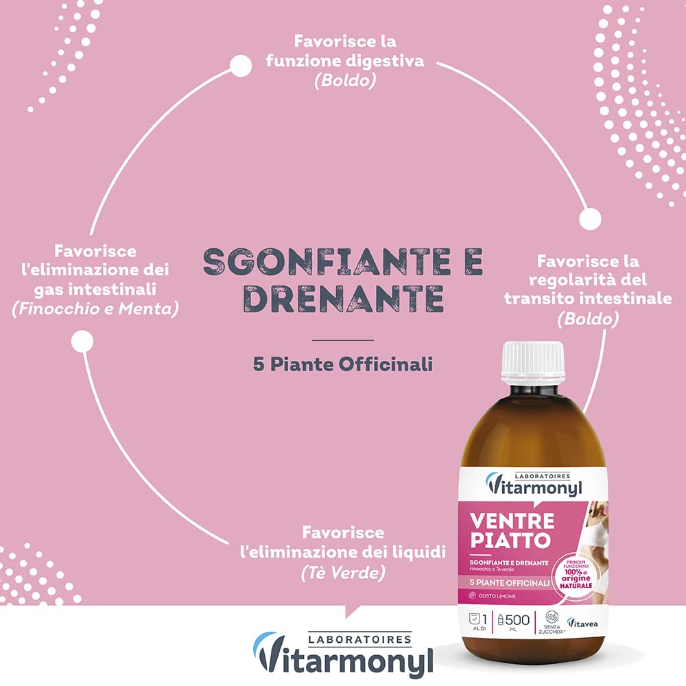 Vitarmonyl Ventre Piatto - Drenante con Thè Verde e Finocchio - Detox da Bere - Contro il Gonfiore - Gusto Limone - 500 ML -
