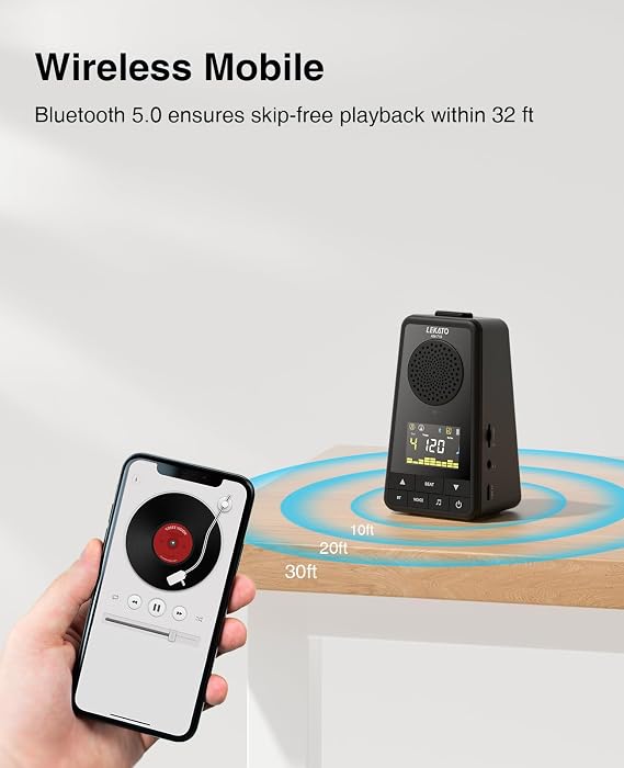 LEKATO Bluetooth Speaker Metronome for Guitar Piano Drum, Rechargeable 2-in-1 Electronic Digital Metronome with Vocal Counts, Portable Wireless Speaker Beats Mixer, Black