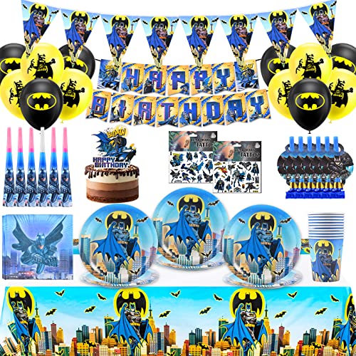 Forhome Decoração de aniversário Batman, suprimentos de festa de aniversário Batman para crianças com louça pratos toalhas canecas Banner decorações pastel & balões (68 peças)