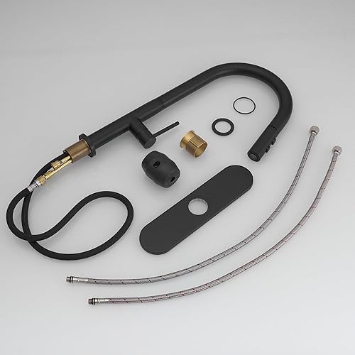 Miniatura 9 de BWE Grifos de cocina con rociador desplegable de 2 funciones de arco alto negro mate grifo de fregadero de cocina de latón de una sola manija con