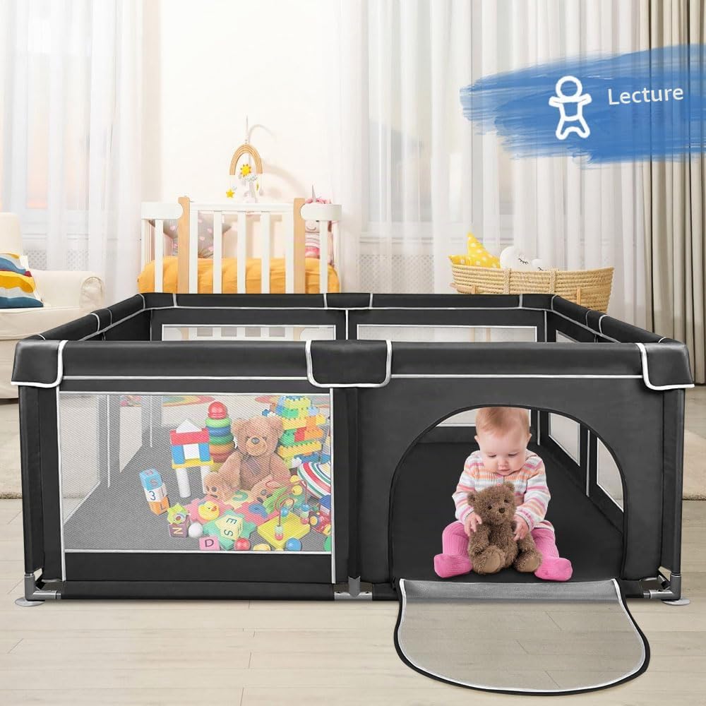 Parc Bébé Modulable,180cm*150cm*66cm Parc Bébé Pliable, Tissu Oxford/Avec sac de rangement/Sûr et confortable, Activités parent-enfant(Gris foncé/Noir) (Noir)