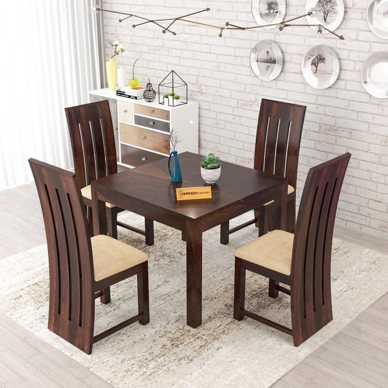 Image of Solid Sheesham Wood Dining Room Sets 4 Seater Dining Table with 4 Cushions Chairs for Dining Room, Living Room, Kitchen, Hotel, Restaurant, Cafeteria (Zinor, Walnut Finish)