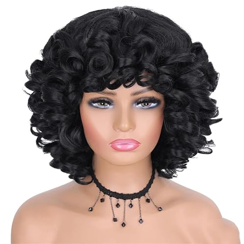 Miniatura 1 de Short Hair Afro Kinky Curly Wigs With Bangs For Black Women Synthetic African Ombre Glueless Cosplay Natural Brown Wigs
