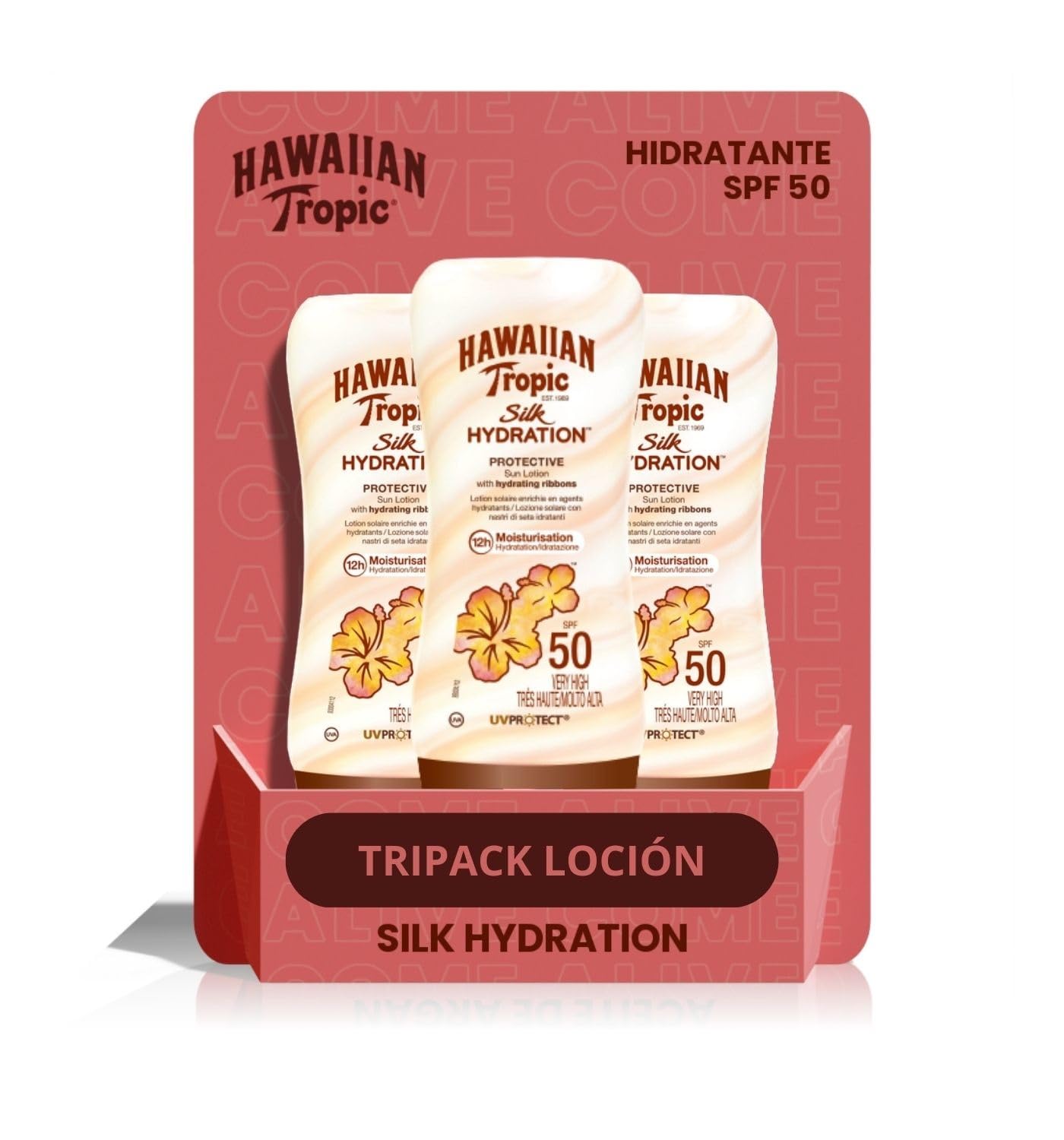 HAWAIIAN Tropic Silk Hydration Protective - Pack 3 Loción Solar Protectora SPF 50 con cintas de seda hidratantes y resistente al agua, formato 180 ml