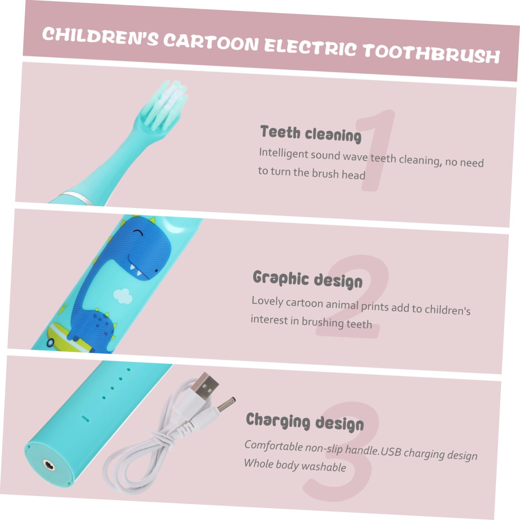 Ipetboom 3sets Spazzolino Elettrico Per Ragazzo Ragazza Cartoni Animati Design e Portatile Carica Facile Setole Morbide Per Denti Sensibili