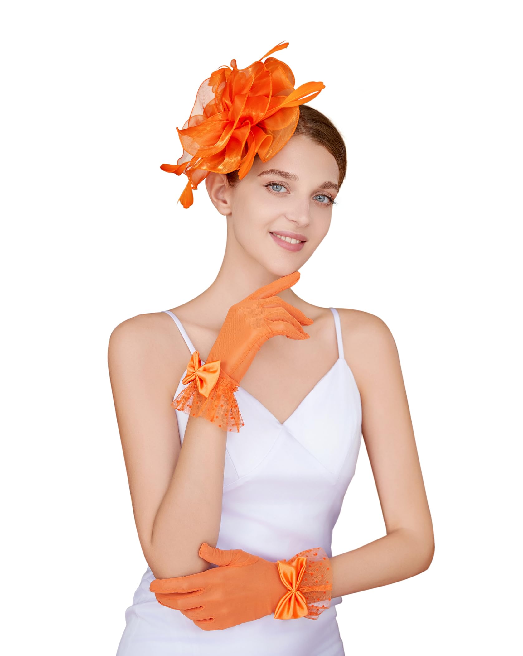 CAIYILA Fascinators Hat Flower Mesh Feathers Headband Derby Hat Clip Tea Party Headwear and Lace Gloves with Bows for Women