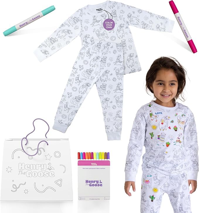 Coloring Pajamas for Kids Made with Original Cotton | Kids Pajamas Girls & Boys with 12 Non Toxic Markers to Personalize their Sleepwear with Unique Designs | Ideal Gift for Girls & Boys (2 Year)