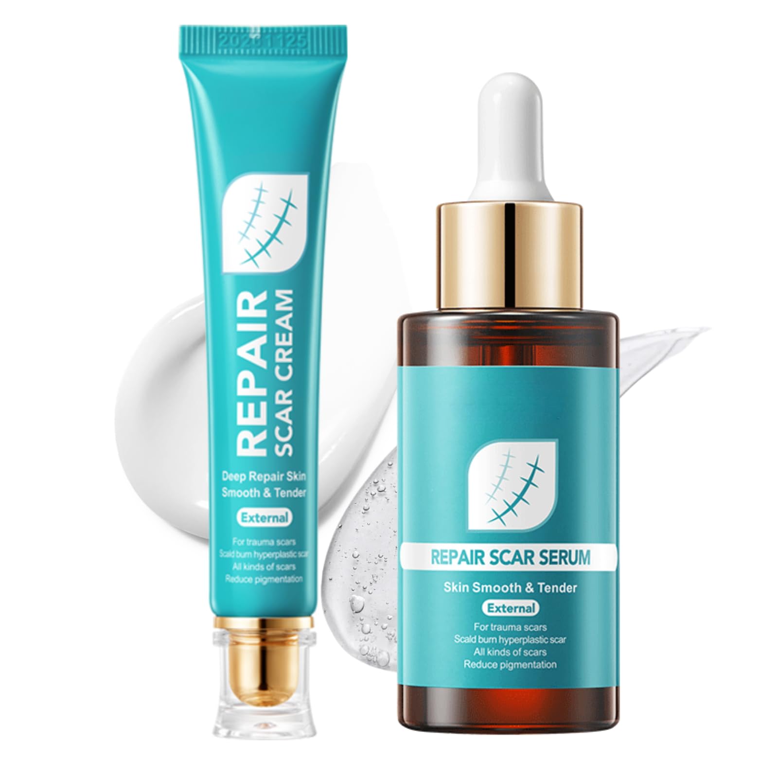 Scar Removal Set with Repair Scar Cream & Serum, Stretch Mark Removal Cream for Dark Marks, Scar Removal Serum for Body, Trauma Scars, Scald, Hyperpigmentation & All Types of Scars - 2Pcs