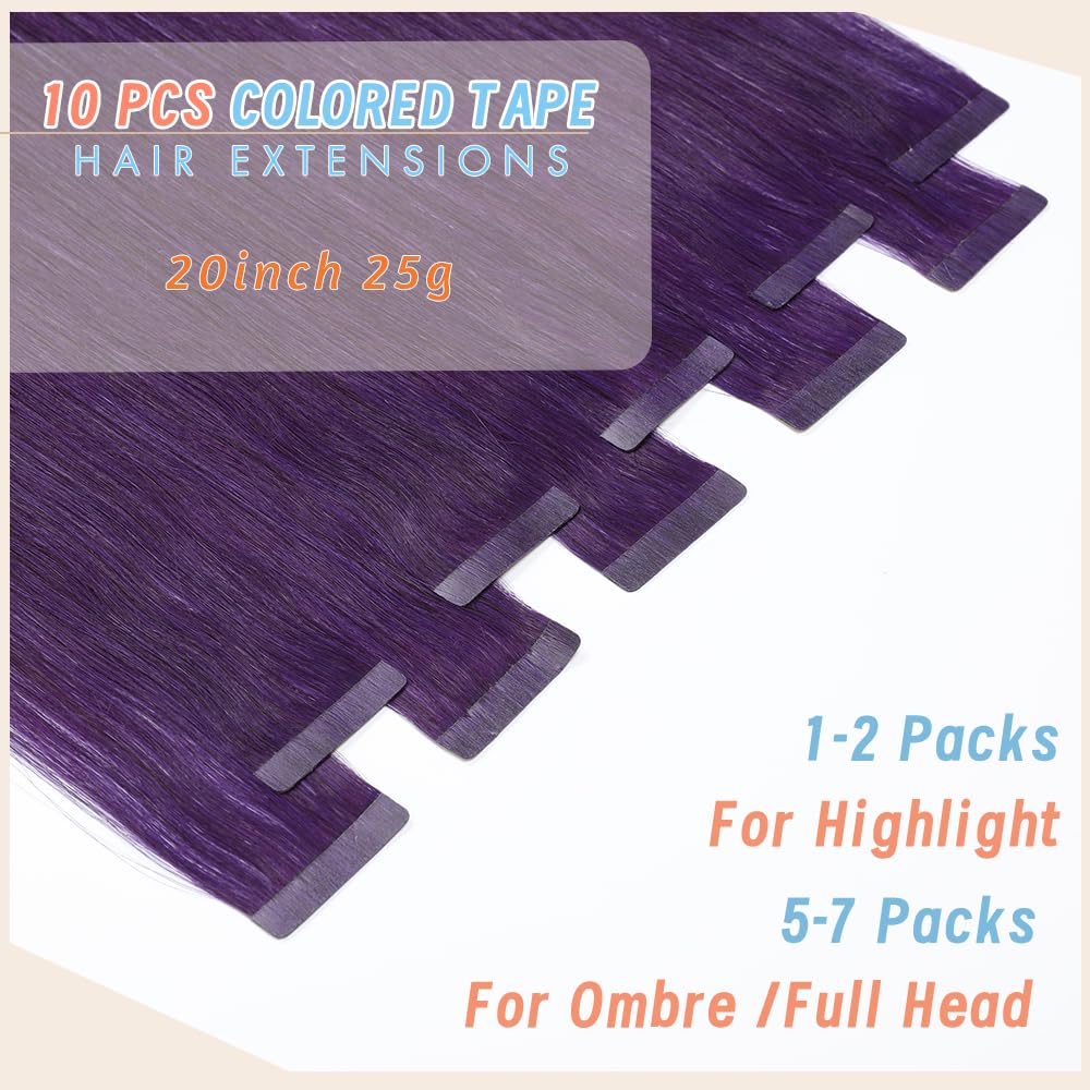 HotLulana Extension Adesive Capelli Veri Purple Tape in Extension Natua Nero Remy Estension Adesive Capelli Naturali al 100% 10pcs 25g Extension Capelli Veri Biadesivo 20Pollici (50cm)