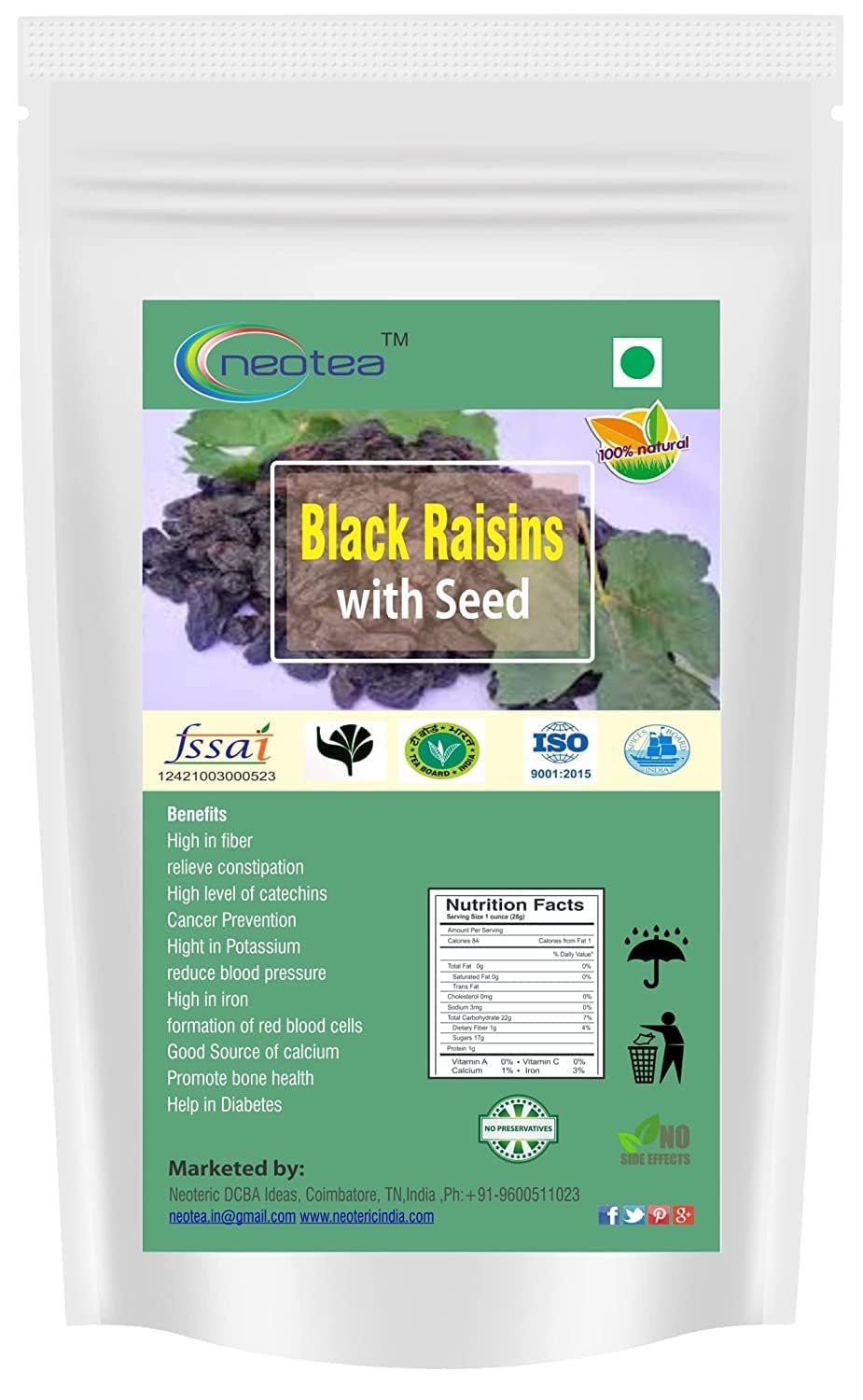 Neotea Black Raisins with Seed 250 GM (8.81 OZ) Kali Kishmish with Seeds Kishmish Dry Fruits Delicious & Healthy Snack | Currants | Munakka | Black