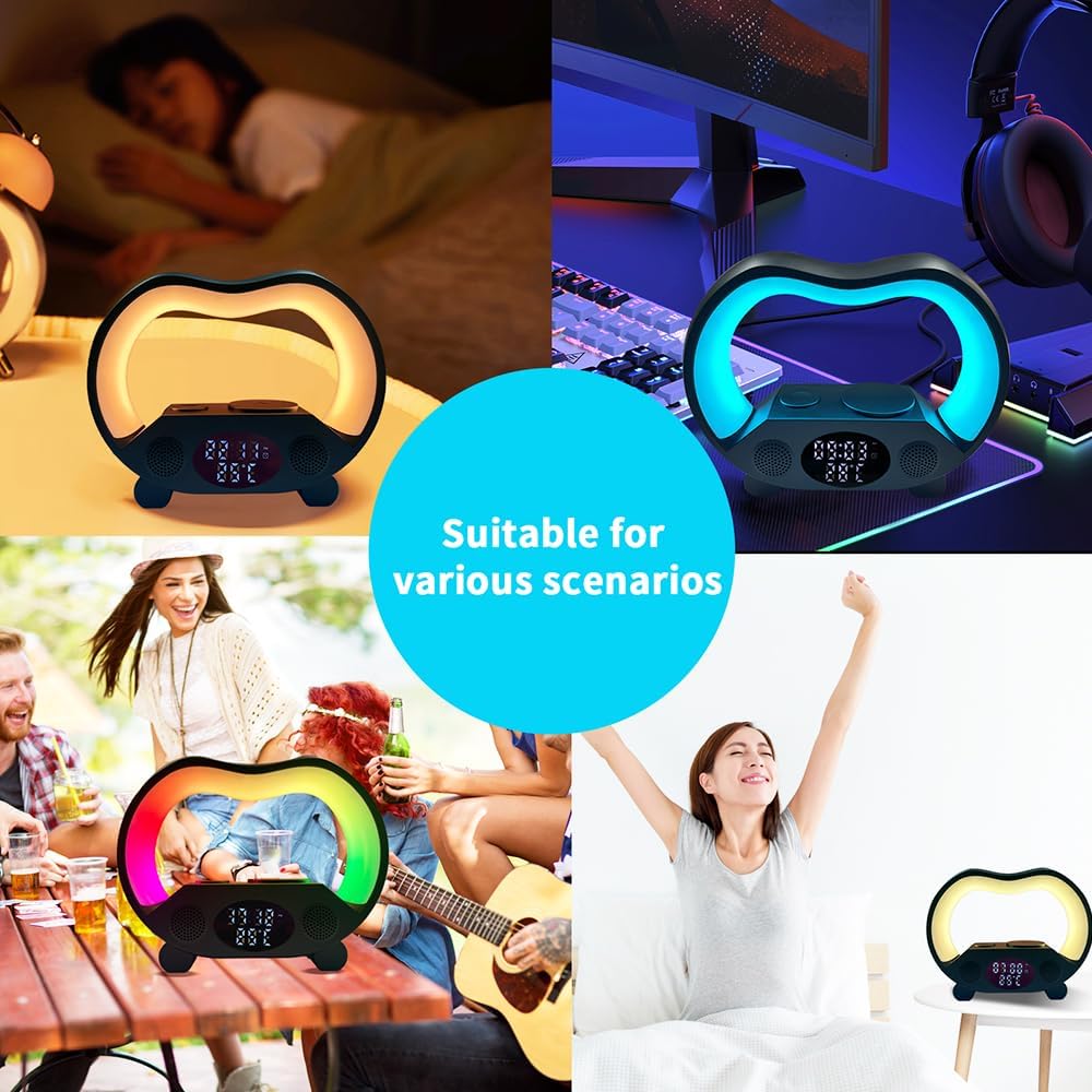 IHAO 6in1 Wireless Charging Station with Bluetooth Speaker Time&Temperature Display Alarm Clock 7-Color LED Night Lights Fast Charger for Phone, Apple Watch, Earbuds Remote Control Auto Shutoff-Black