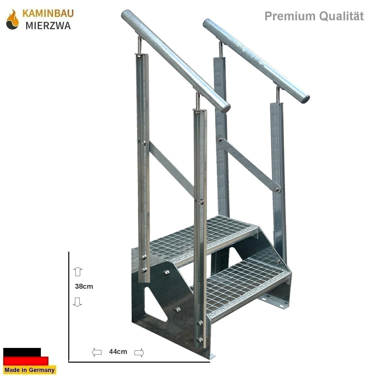 Premium Caillebotis acier Escalier à limon 2 Marches Autoportant Entièrement galvanisé avec garde-corps des deux côtés - Dimensions (L x l x H) 44cm x 80cm x 38cm