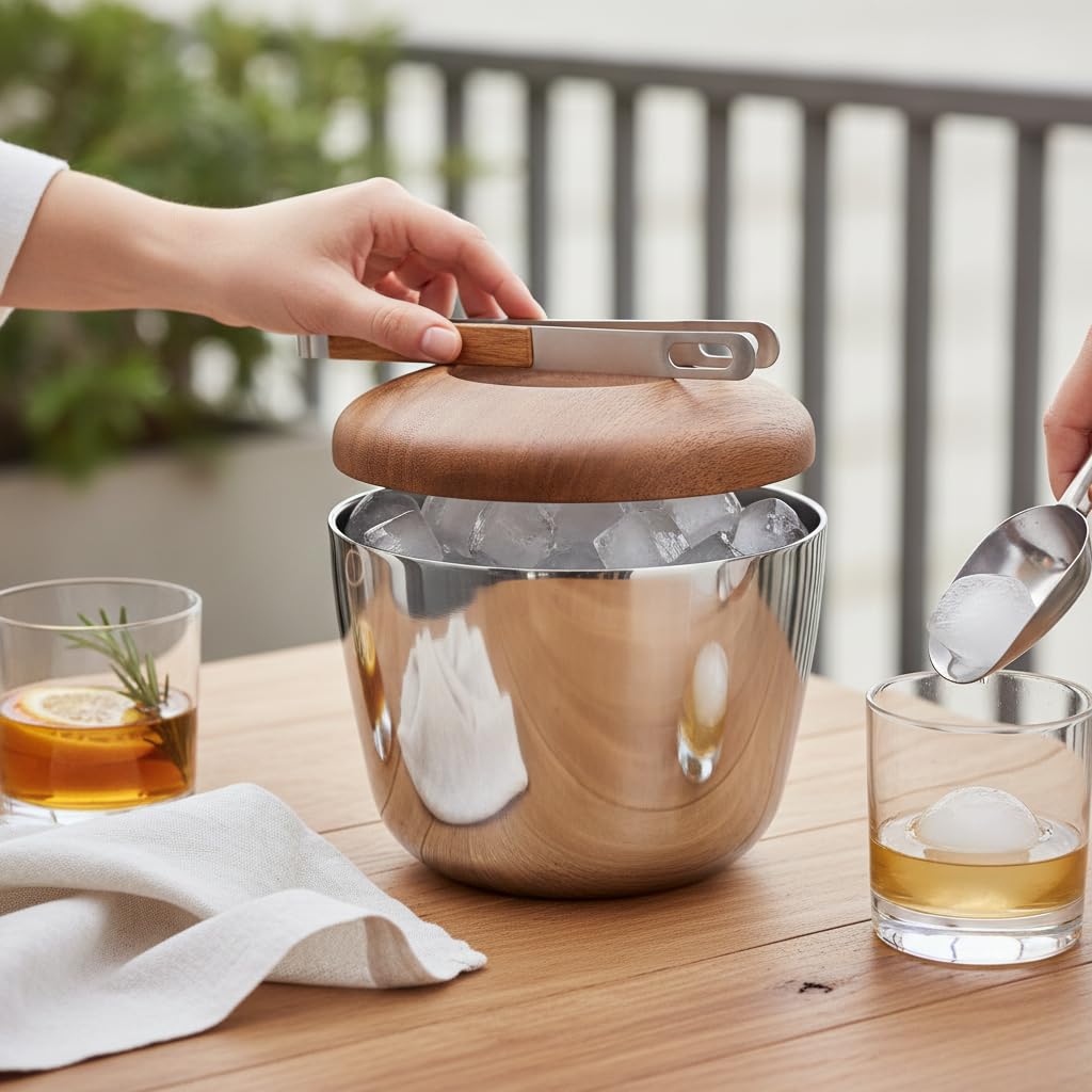 Cubitera Acero Inoxidable con Tapa y Pinzas para Hielo, Estilo Europeo, para Camping