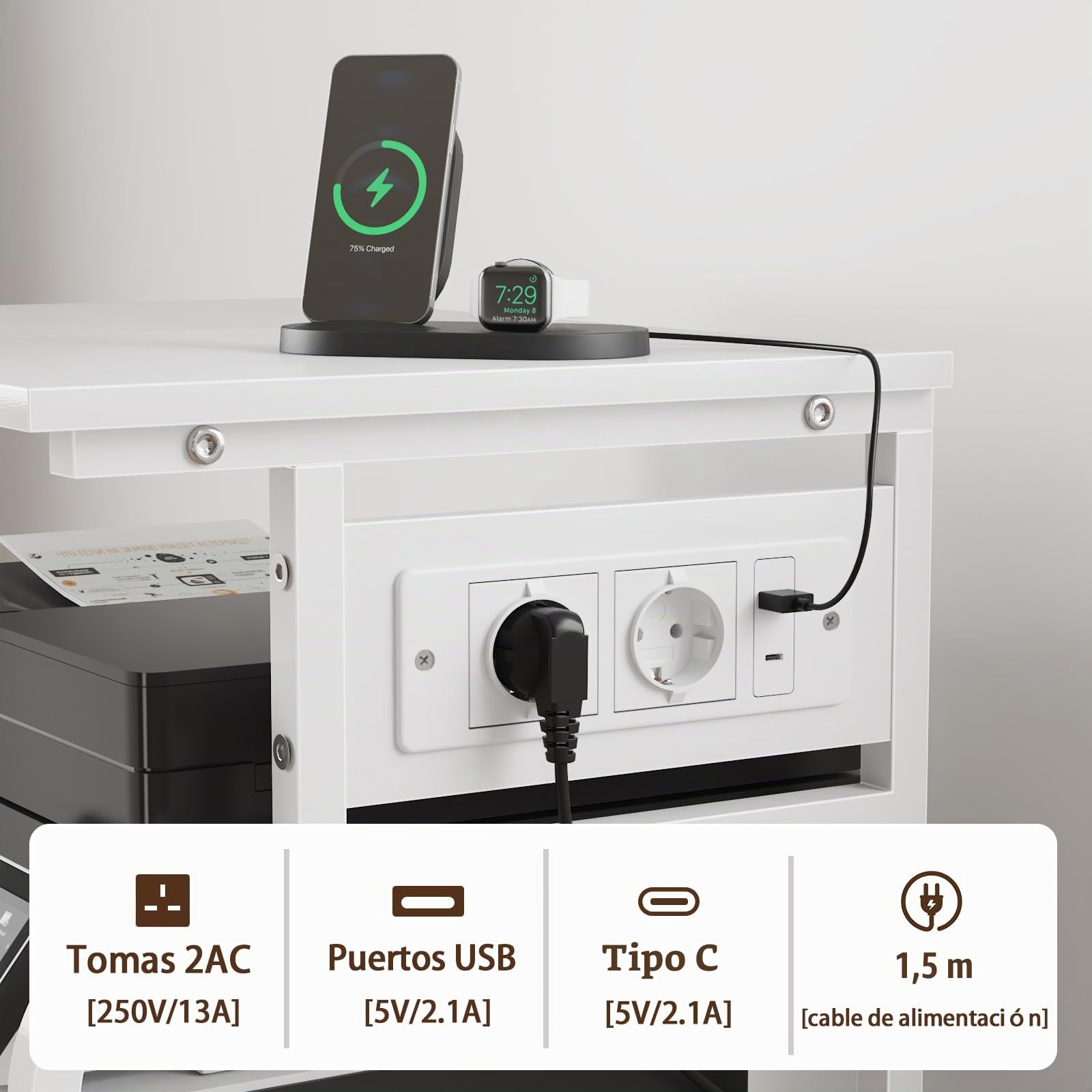 Mesa para Impresora con Enchufe y USB C, 3 Estantes Ajustables, Ruedas con Frenos para Impresora 3D, Láser, Multifuncional - Blanco