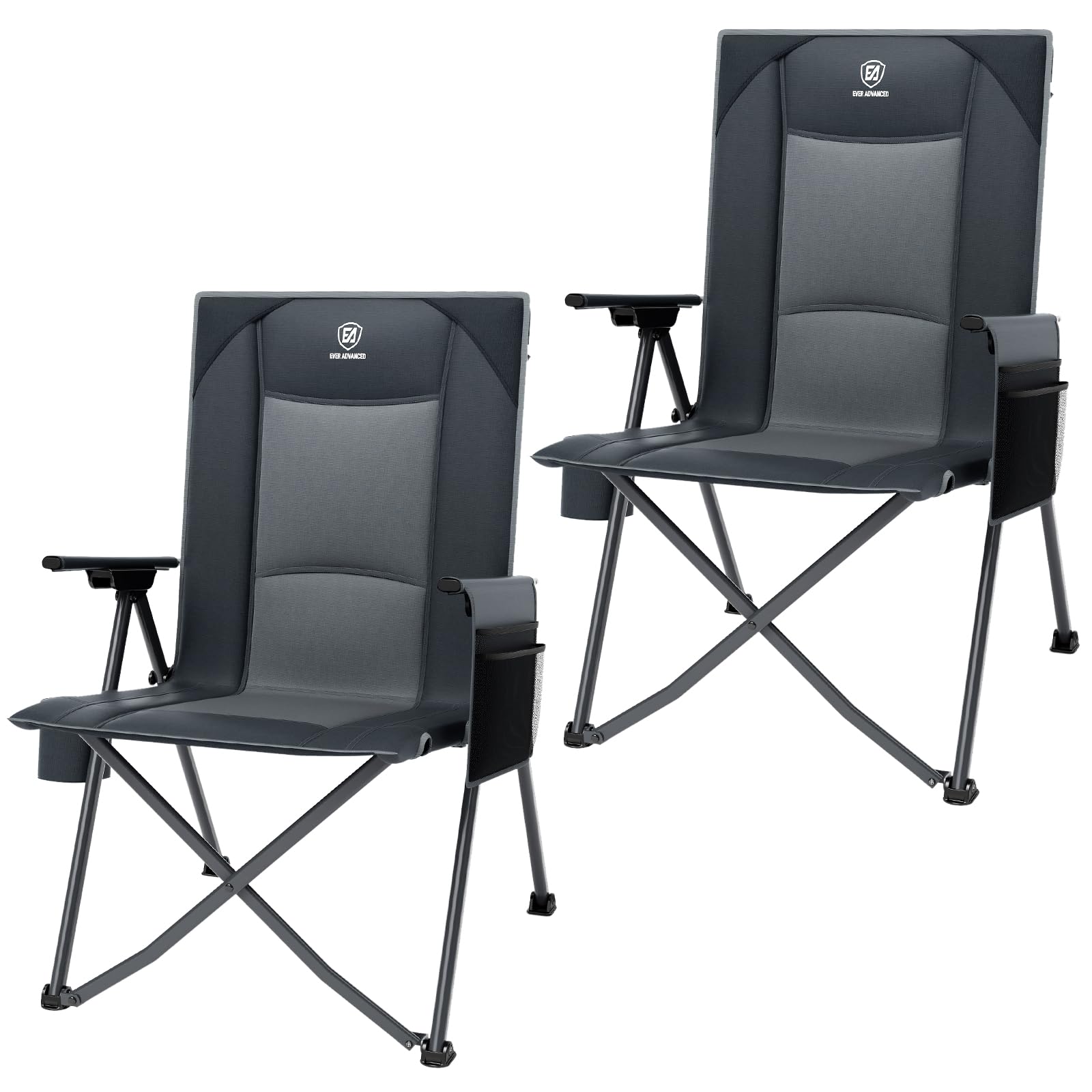 EVER ADVANCED Luxury Camping Chair Folding for Adults Set of 2 Heavy Duty 350lbs, Garden Chair Reclining Padded with Cup Holder Side Pocket, Foldable with 4-Position Adjustable Back, Grey