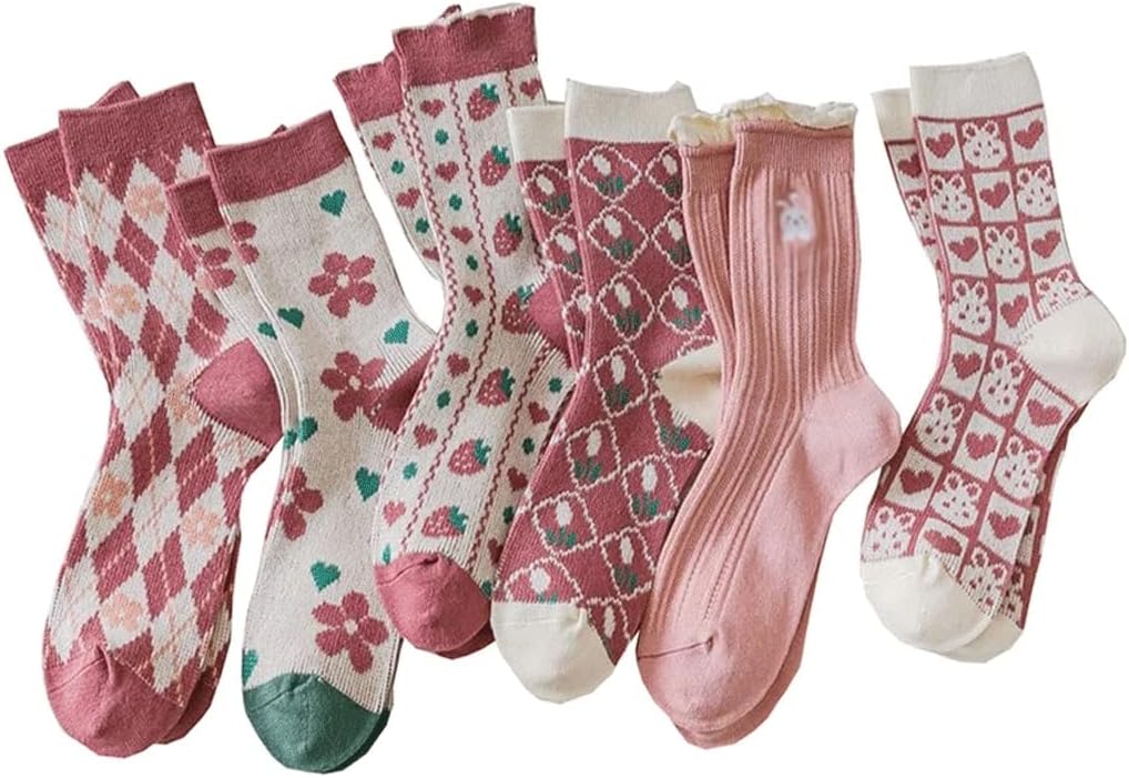 6 Pair Cute Socks Women Fruit Embroidery Long Winter Kawaii Lolita Cotton Girls