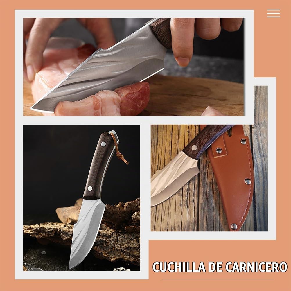UPKOCH Cuchillo De Carnicero Con Mango Ergonómico Y Funda De Cuero Cortador De Carne Y Verduras De Acero Inoxidable 8.07X1.57X0.78In Para Camping Picnic Y Uso Doméstico