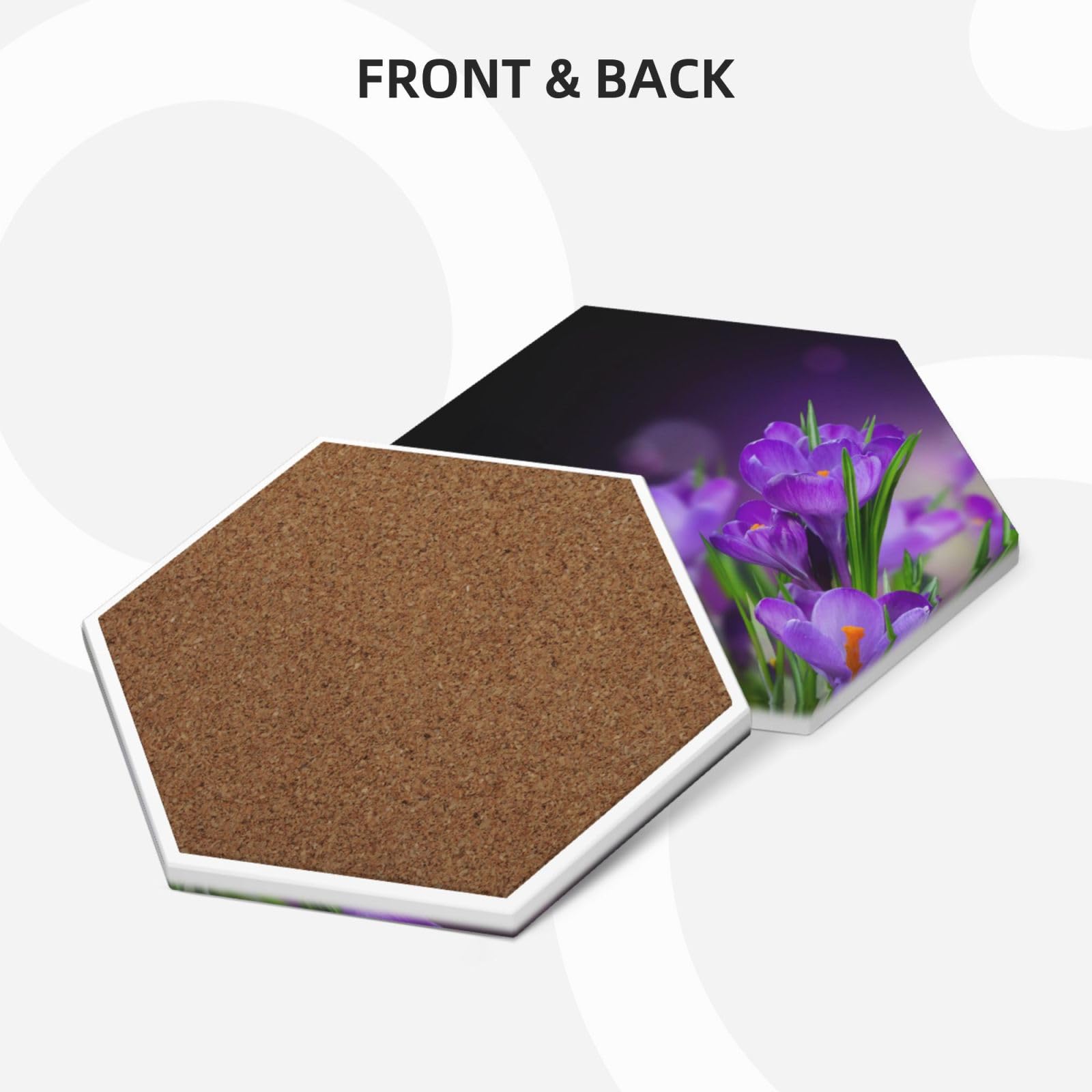 Set di 6 sottobicchieri decorativi in ceramica con foglie verdi e fiori viola stampati