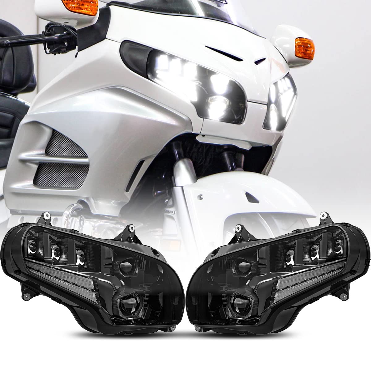 4X4FLSTC NEW Motorcycle LED Headlights Assembly Full LED Performance Headlamps High Low Beam DRL DOT SAE Approved Compatible with Honda Goldwing GL1800 2001 to 2017 Models - Black