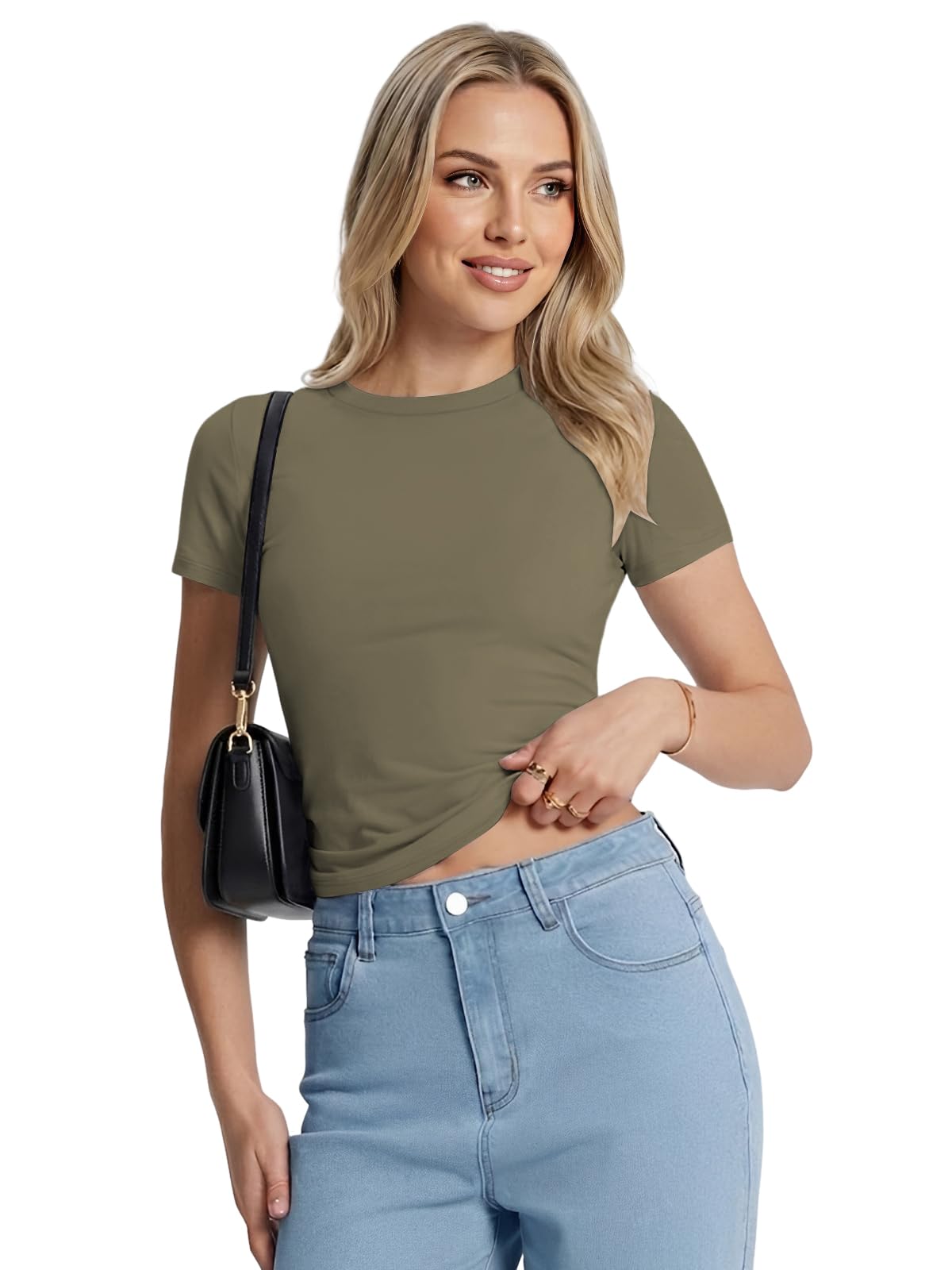 Cuptacc Koszulka damska, basic, okrągły dekolt, na lato, krótki rękaw, modal, slim fit, rozciągliwa, casualowa, jednokolorowa