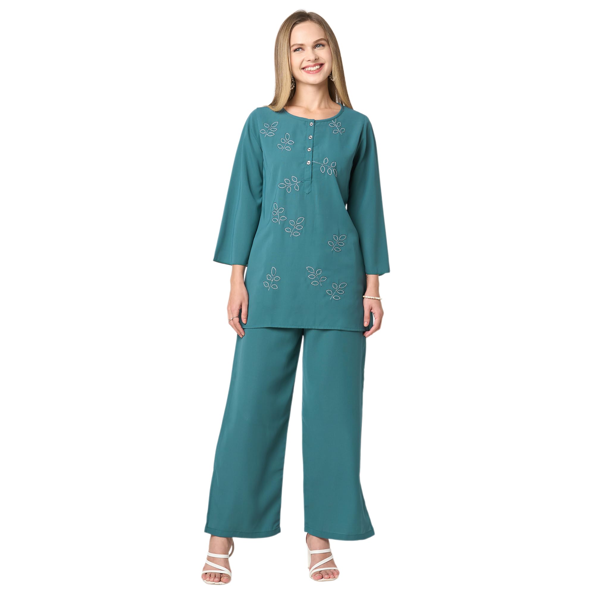 go-4 it Floral Embroidered Tunic with Plain Relaxed Bottom Co-ord Set-picture-38