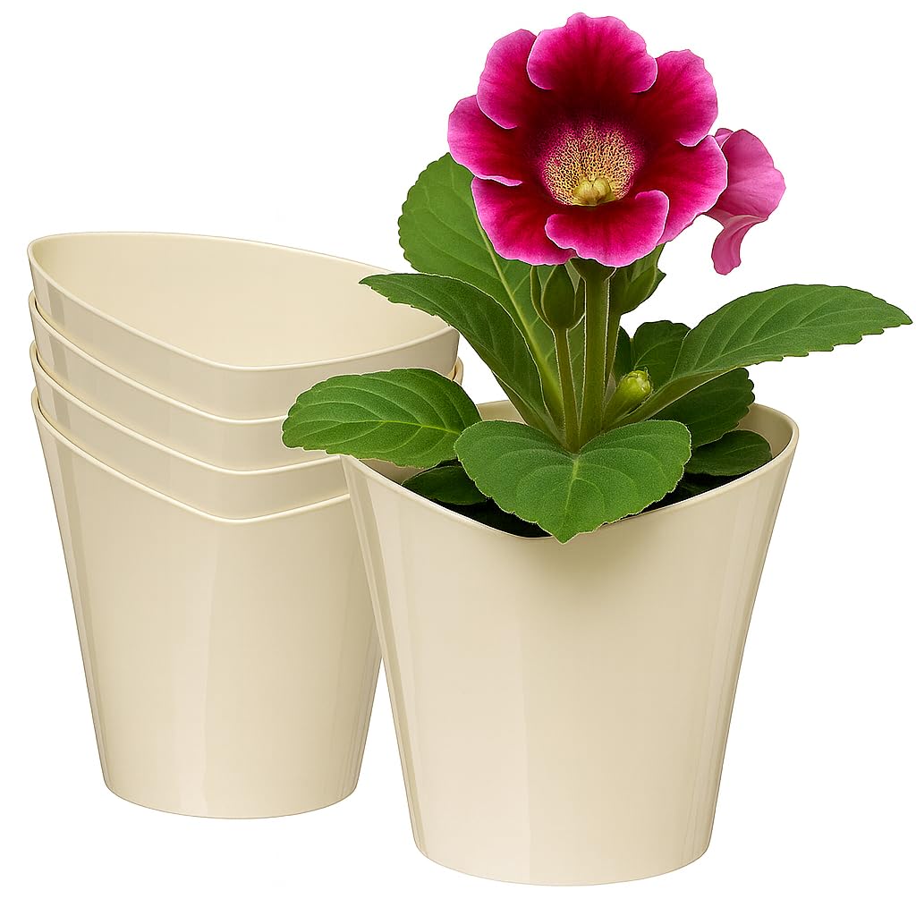 Home Garden Ornaments Cream Plastic Plant Pots Indoor Set Of 5 – Tapered Shape Vibrant Colors Flower Pots For Home Decor (17Cm / 6.7 Inch, )