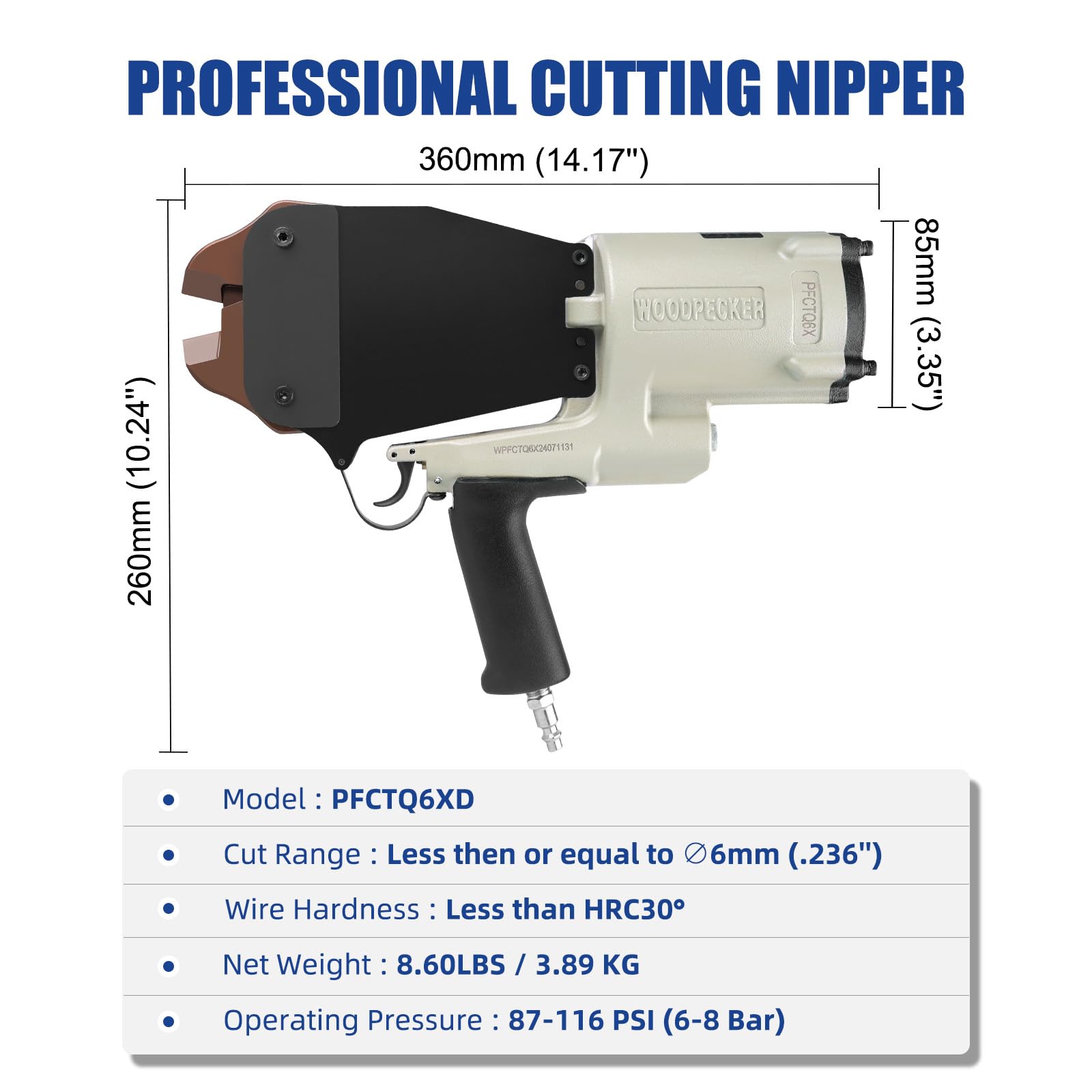 Woodpecker PFCTQ6X Heavy Duty Air Cutter Szczypce pneumatyczne do cięcia drutu o średnicy poniżej 6 mm, nożyce pneumatyczne, szczypce do drutu