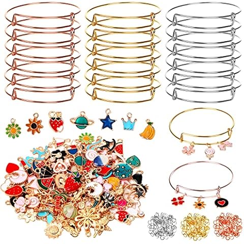 UPINS 30Pcs Silver Expandable Blank Bracelets Adjustable Wire Bangles with 100Pcs Tibetan Silver Charms, 200Pcs Open Jump Rings for Jewelry Making (Multicolor) Cover