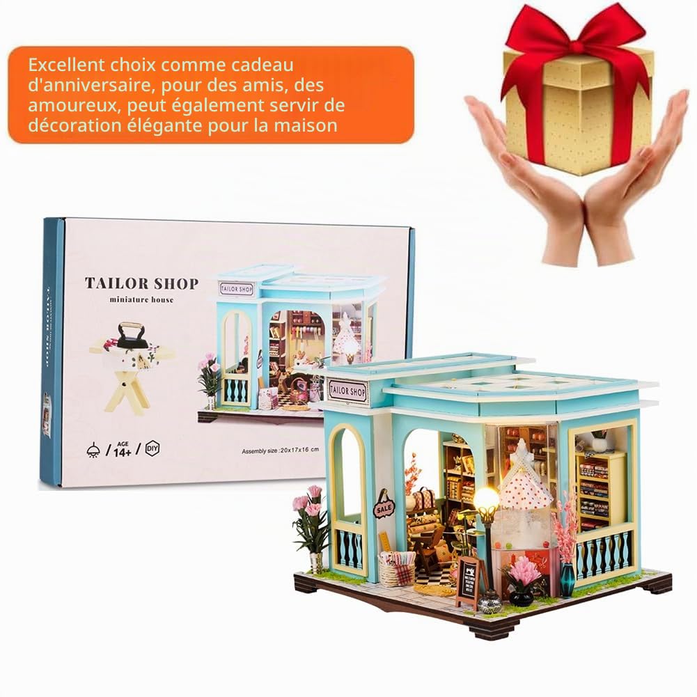 Accessoires de maison de poupée en bois, kit de maison miniature DIY pour adultes, kit créatif de petite maison d'atelier de couture avec meubles et éclairage LED pour cadeau d'anniversaire