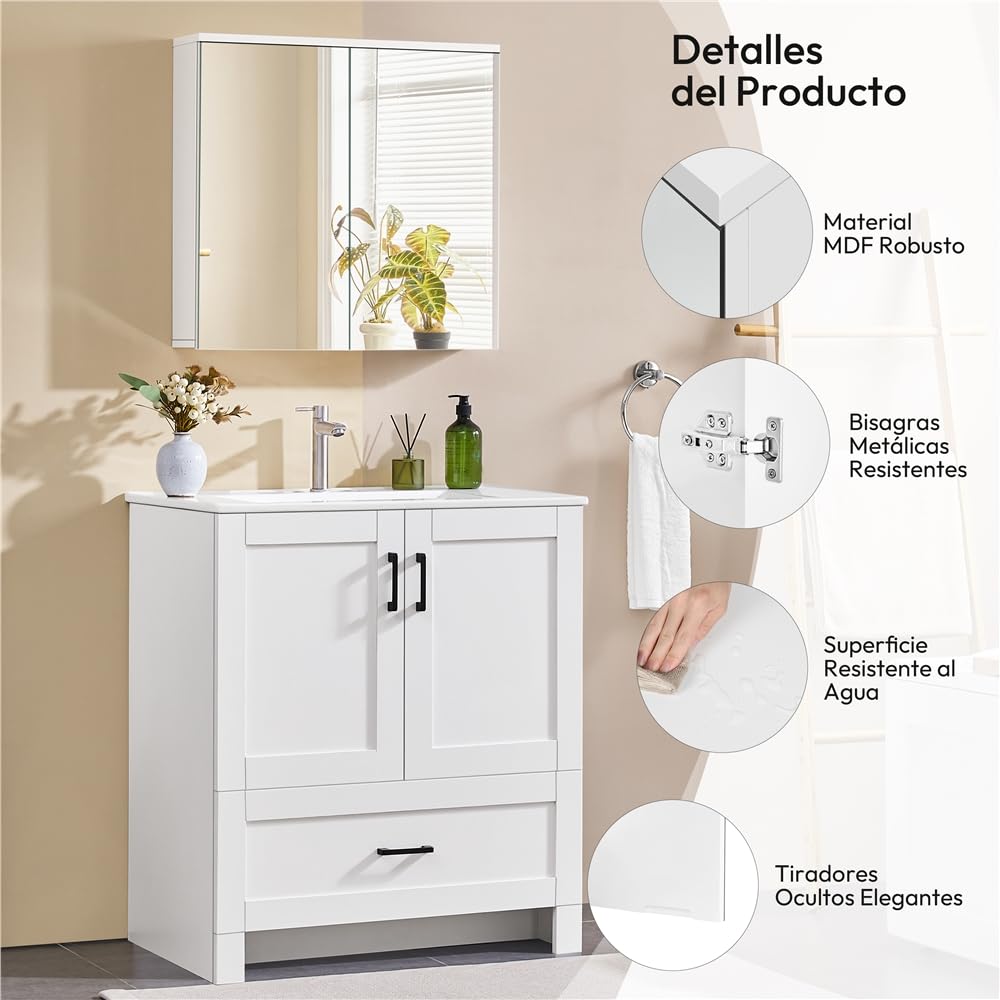 Yaheetech Armario de Baño con Espejo Armario Colgante de Pared con 2 Puertas y Estante Ajustable Moderno para Dormitorio Salón 63x15x60 cm Blanco