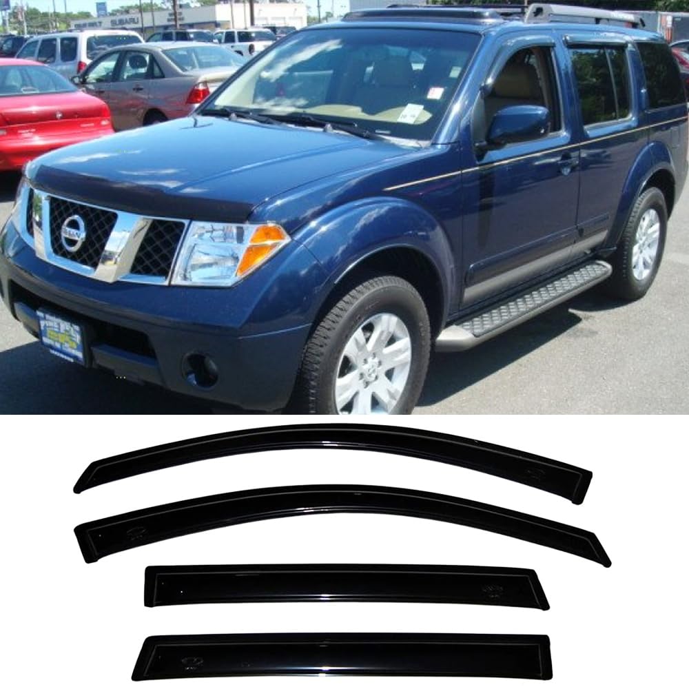 94512 Side Window Visor Wind Vent Deflector fit for 2005-2012 Nissan Pathfinder, Out-Channel Tape On Dark Smoke Shade Sun Rain Guards Set
