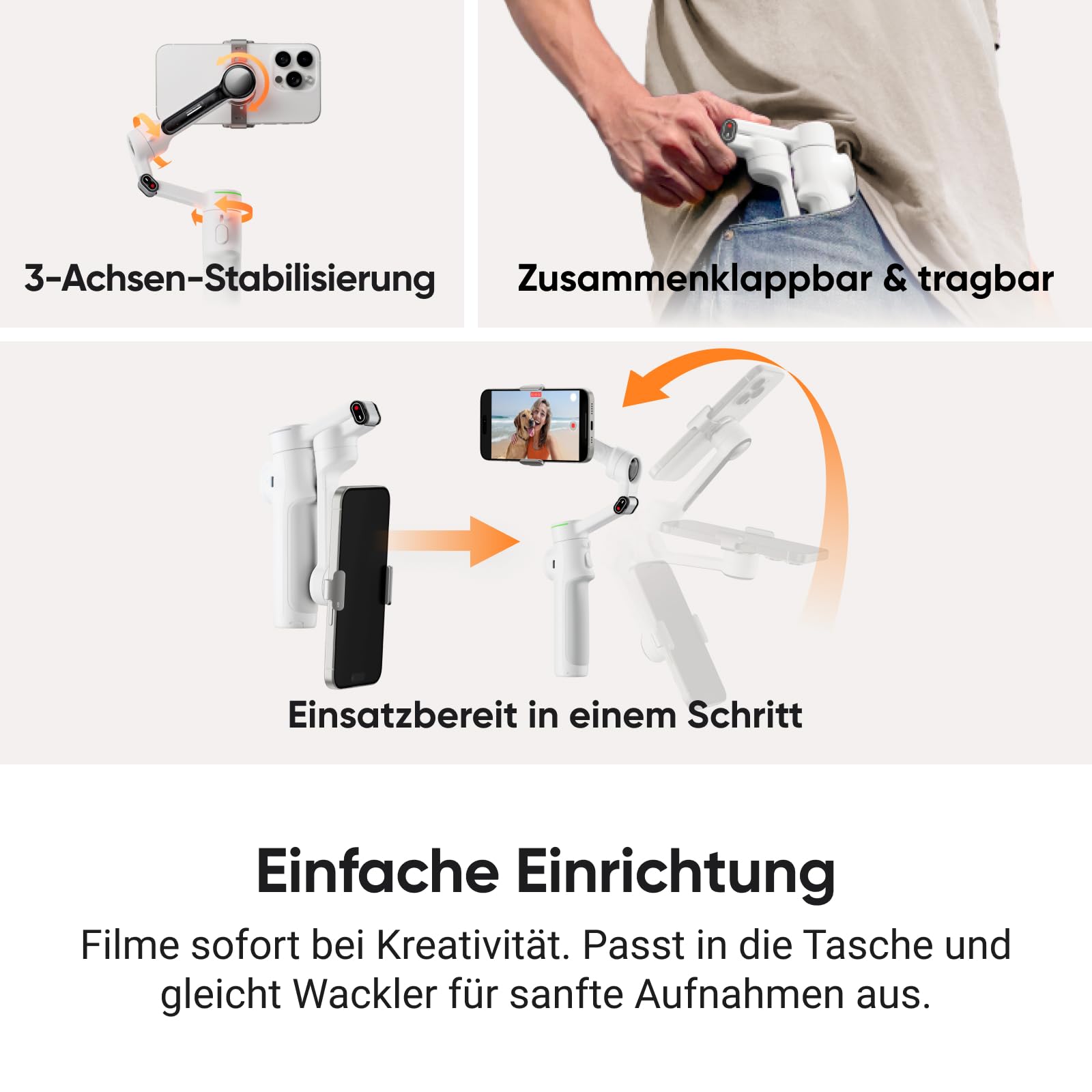 Insta360 Flow 2 Pro Vlog Bundle Weiß - Faltbarer AI Phone Gimbal, Tracking in 200+ Apps mit Apple DockKit, 360º-Pan-Tracking, integr. Stativ/Selfie-Stick, Fernbedienung, Spotlight/Rucksackhalterung