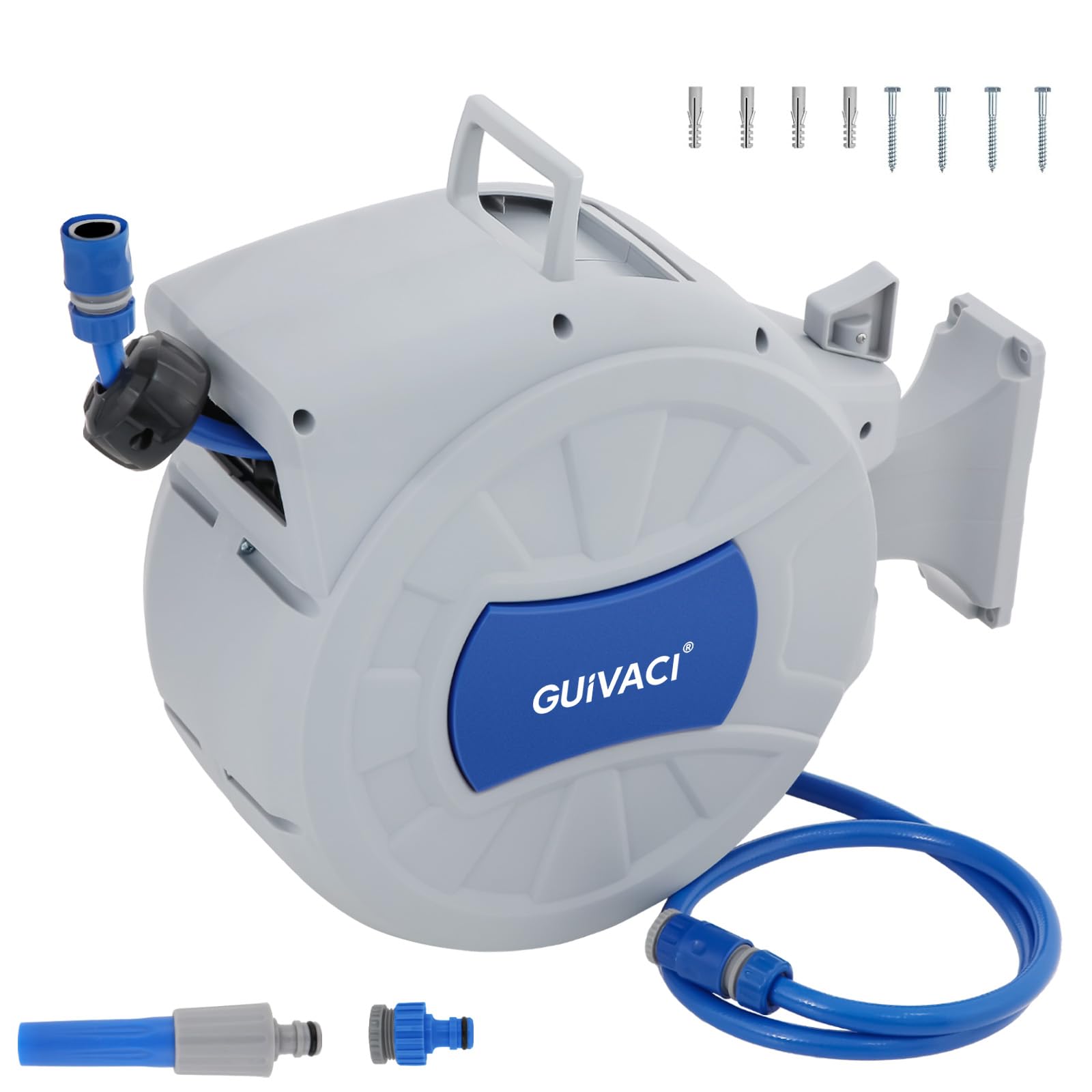 Boîte de tuyau murale de 30 m avec enrouleur automatique - Pistolet pulvérisateur à 8 fonctions, support mural orientable à 180°, pour arrosage du jardin et nettoyage de la voiture
