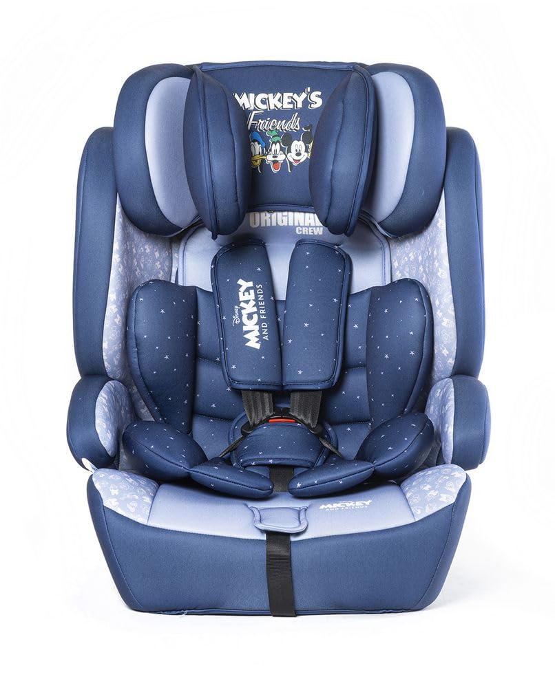 Disney Mickey Mouse Autositz Mit ISOFIX-Befestigung Für Kindersicherheit Mit Einer Körpergröße Von 76 Bis 150 Cm Mit Grafiken Von Mickey Mouse Und Seinen Freunden Auf Blauem Hintergrund