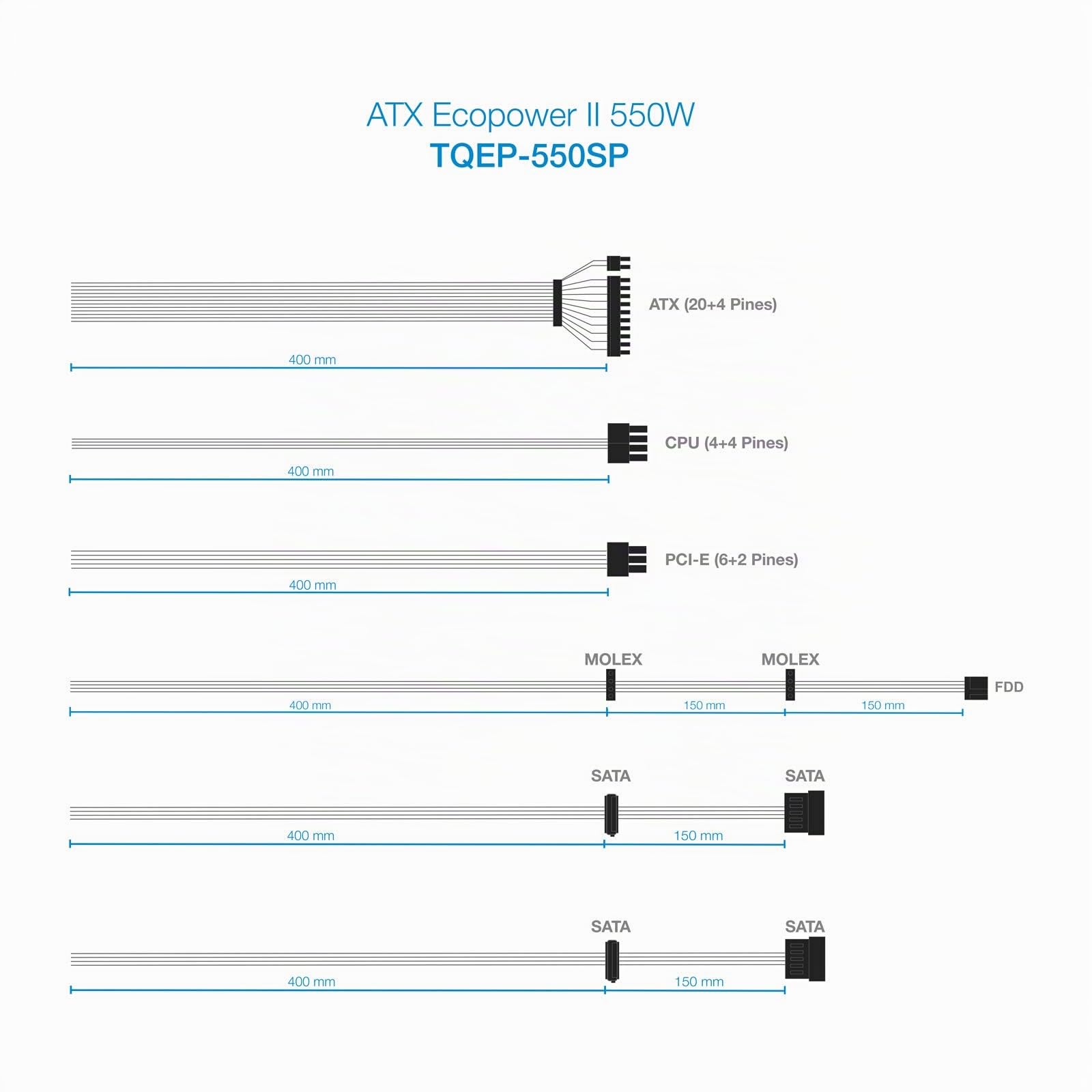 Tooq TQEP-550SP - Fuente de Alimentación Ecopower II de 550W con PFC Pasivo, Ventilador silencioso de 120mm con control automático de velocidad, negro