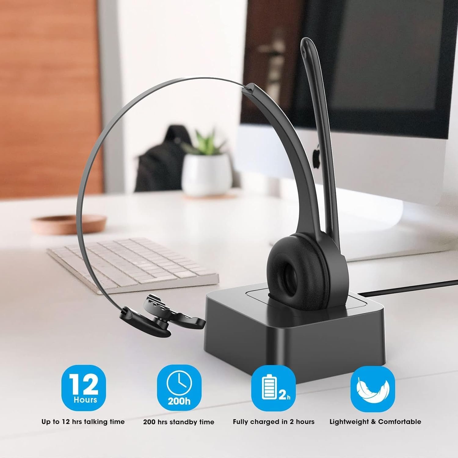 cuffie Bluetooth con microfono, cuffie on-ear wireless con cancellazione del rumore e stazione di ricarica, cuffie per telefono con pulsante muto per laptop, Skype, call center, ufficio