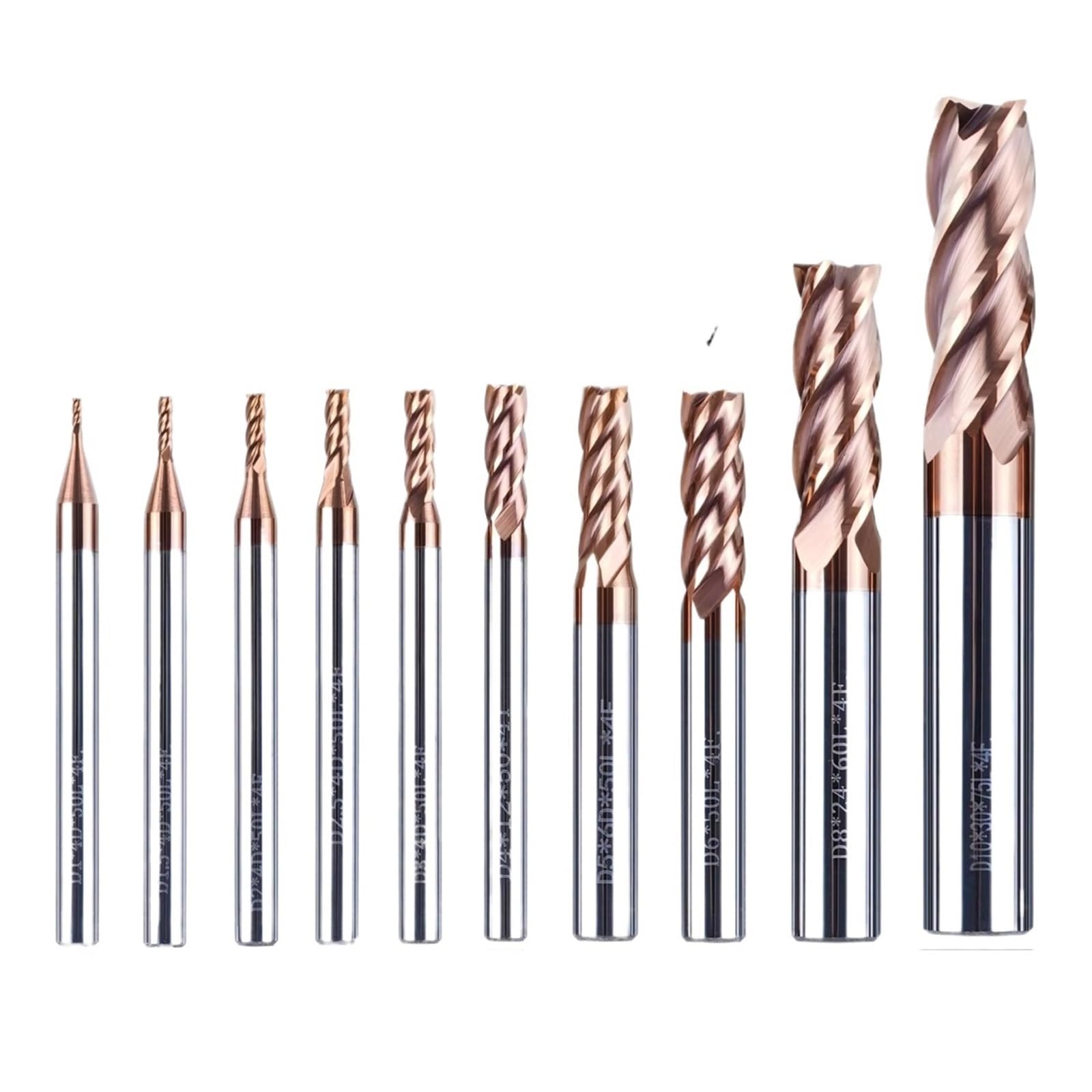 Lot de 10 fraises en carbure tungstène, 4 dents, diamètres D1 à D10 mm, usinées CNC, pour acier HRC55