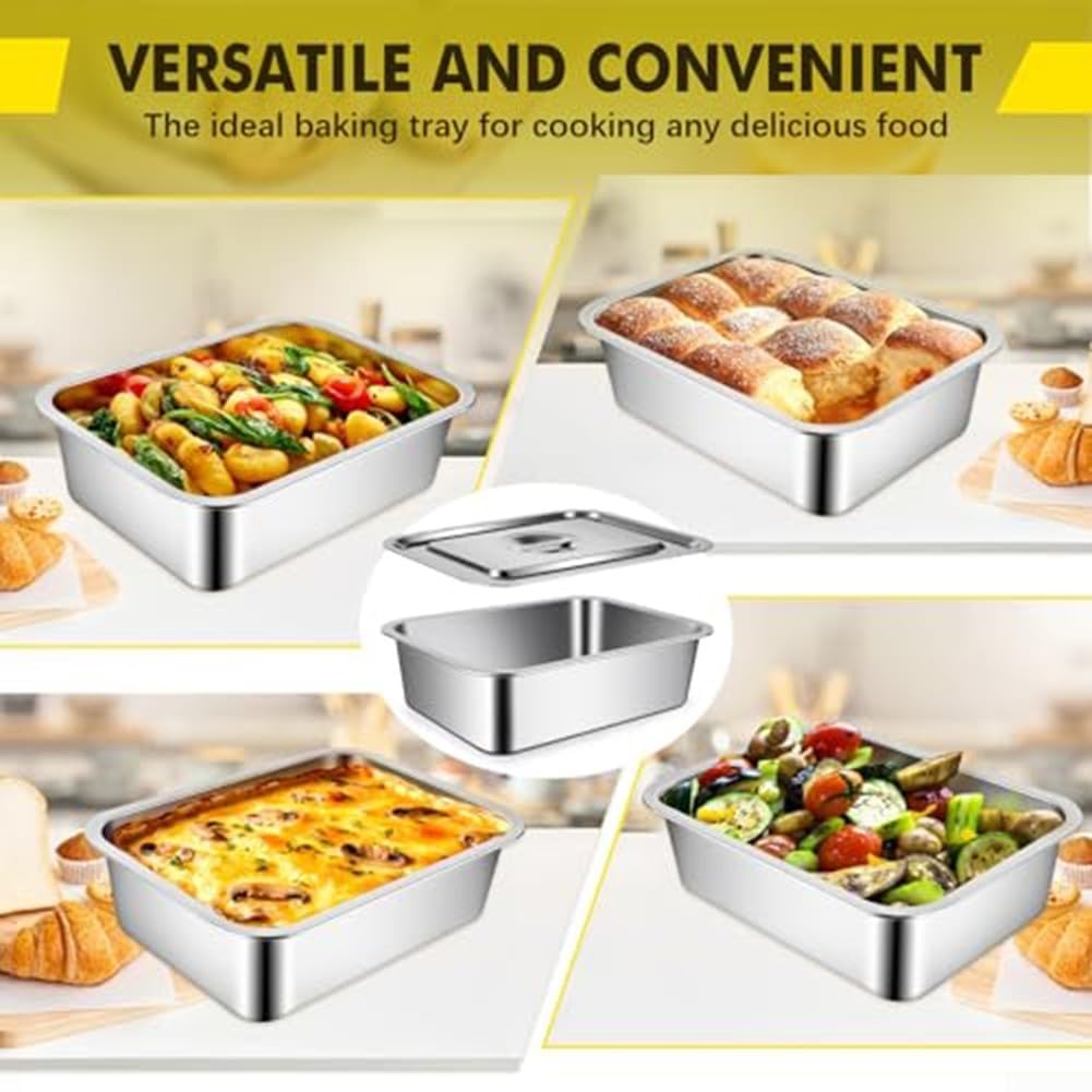 Padella per lasagne in acciaio inox sicura in forno con coperchio ermetico extra profondo per cucinare, conservare e trasportare pasti fino a 500 °C di temperatura (32 × 22 × 15 quadrati)