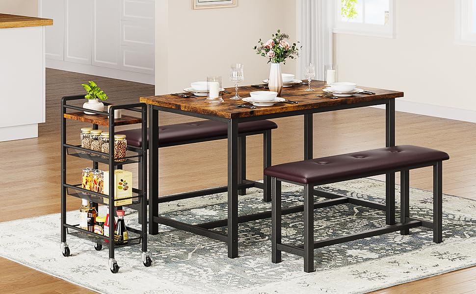 GarveeHome Dining Table Set for 4, Kitchen Table with 2 Upholstered Benches, Wood Kitchen Dining Room Set, for Small Space, Apartment, Home, Dinner, Retro Brown