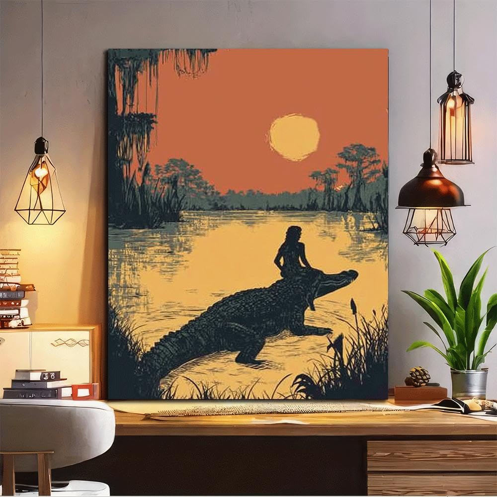 CWZBFEH Woman Riding Alligator in Bayou at Sunset Canvas Wall Art, for Living Room(40x50cm/No frame)