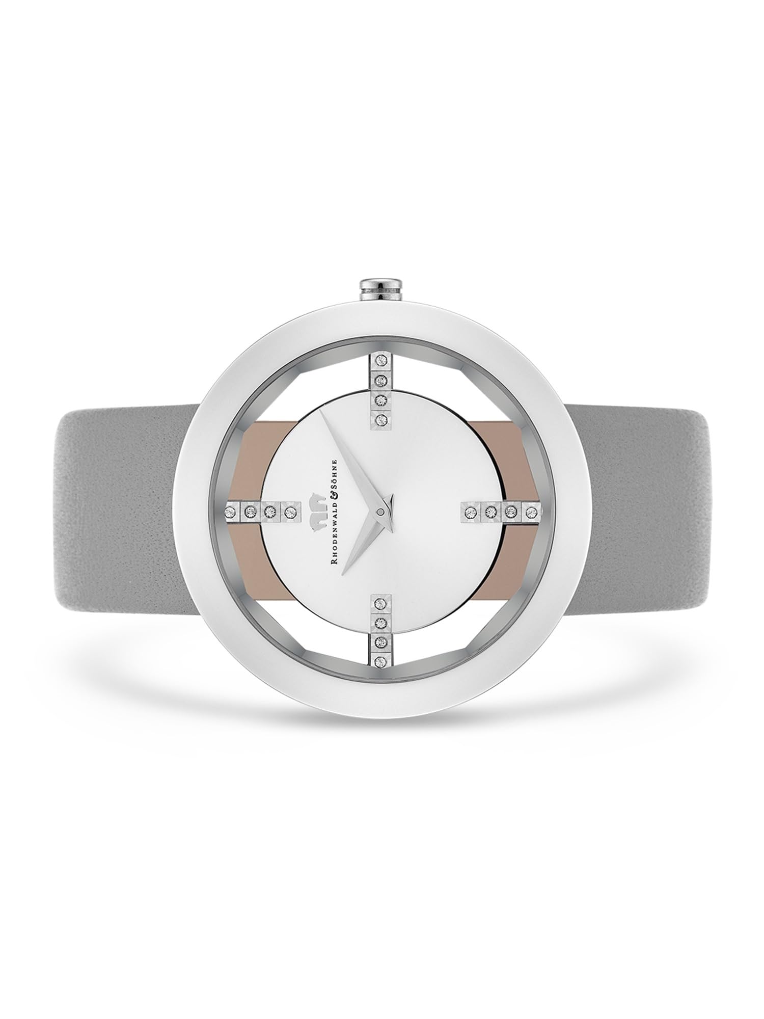 Rhodenwald & Söhne Lucrezia Damenuhr Edelstahl Silber 3 ATM Quarzwerk | verziert mit Kristallen,Echtlederarmband,grau,Fashionuhr,analog,Frauen,Skeletonoptik,Mineralglas