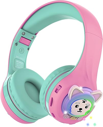 Riwbox Kids Headphones, CB-7S Cat Kids Toddler Headphones with LED Light, 758595dB Volume Limited, Kids Bluetooth Headphones with Mic for