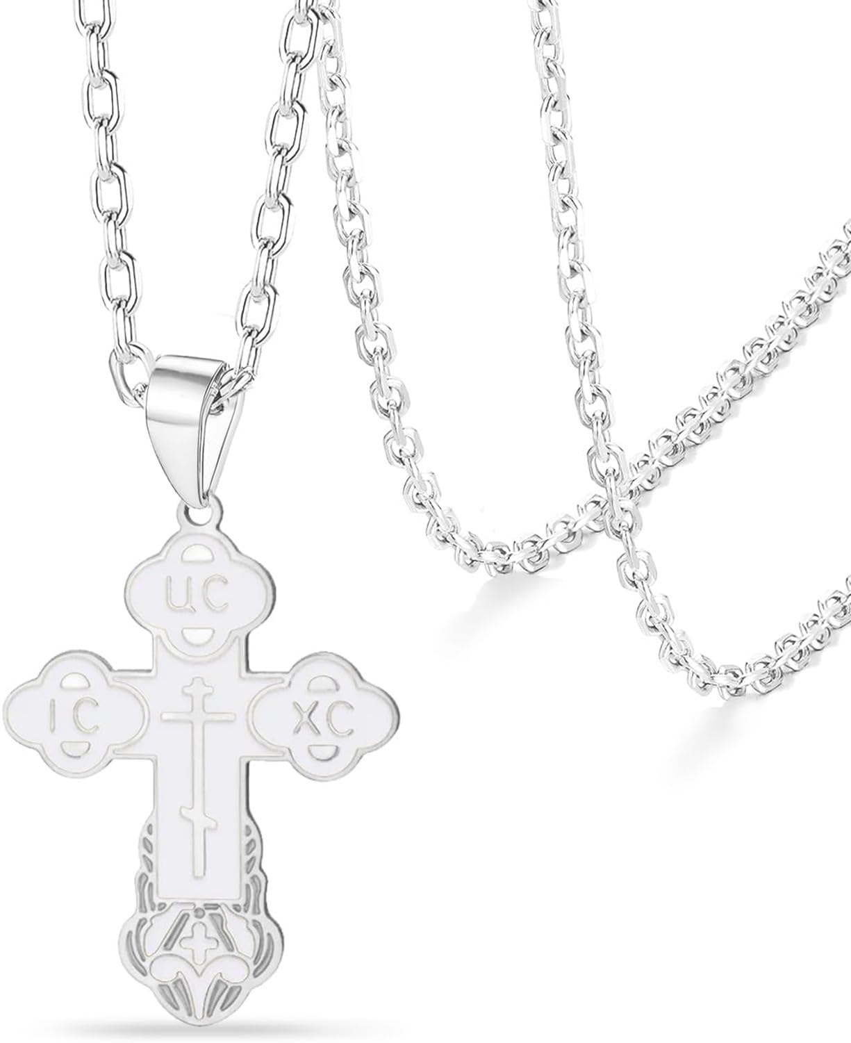 Wuufake Men Women Orthodox Christian Crucifix Cross Necklace Stainless Steel Russian Byzantine Cross Pendant Jesus Christ Elegant Religious Jewelry Gift for Him Her, S-Silver