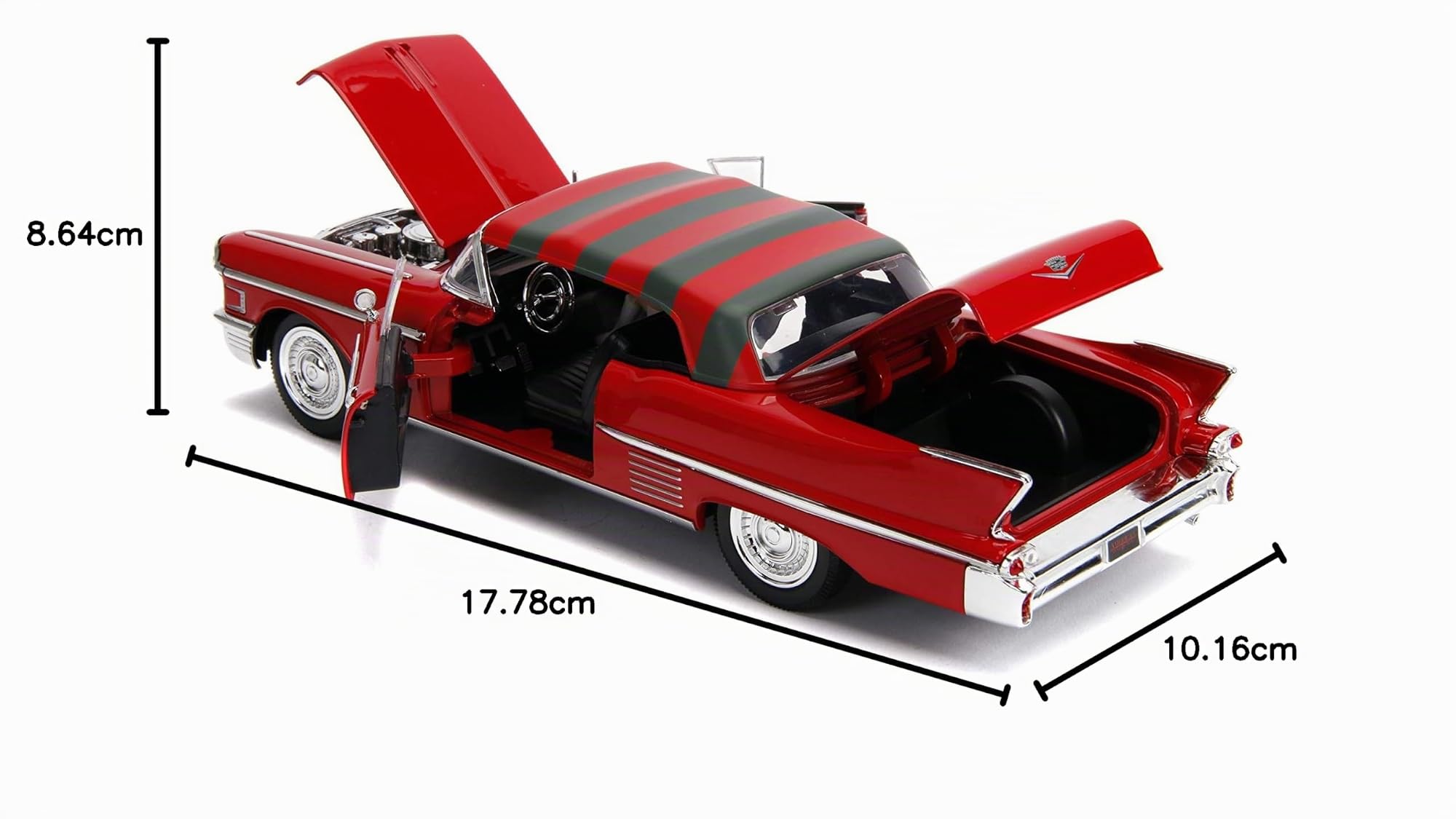 Hollywood Rides Jada Maquette Miniature: Cadillac Série 62 1958 Rouge, avec Figurine Freddy Krueger de Nightmare on Elm Street, échelle 1:24