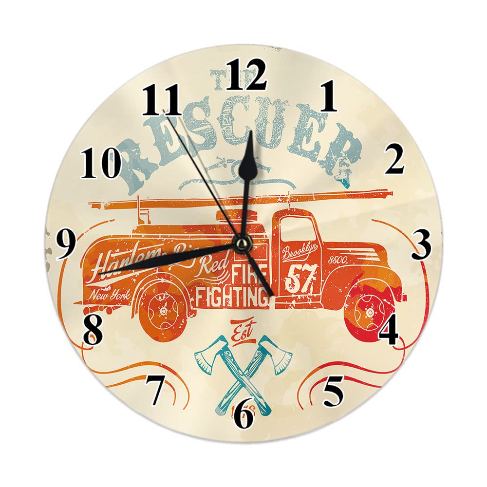 TKS MITLANRescuer Fire-Fighting Label Round Black Wall Clock Silent 10 Inch PVC Fireman,Firefighter,Nozzle,Red Battery Operated Clock for Home/Office/School Classroom
